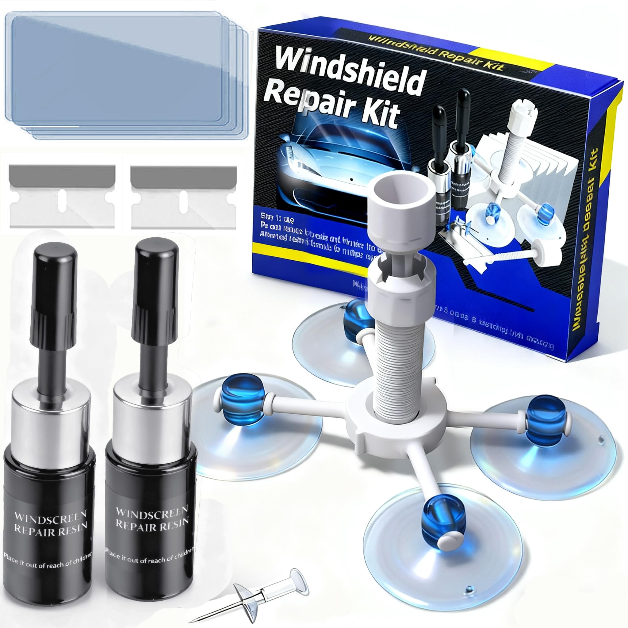 Windshield Repair Kit - Nano Glass Repair Fluid for Chips &amp; Cracks | Quick Fix, Works on for Chips and Cracks，Cracks Gone Glass Repair Kit, Automotive Windscreen Repair Tool Nano Repair Liquid (Blue)