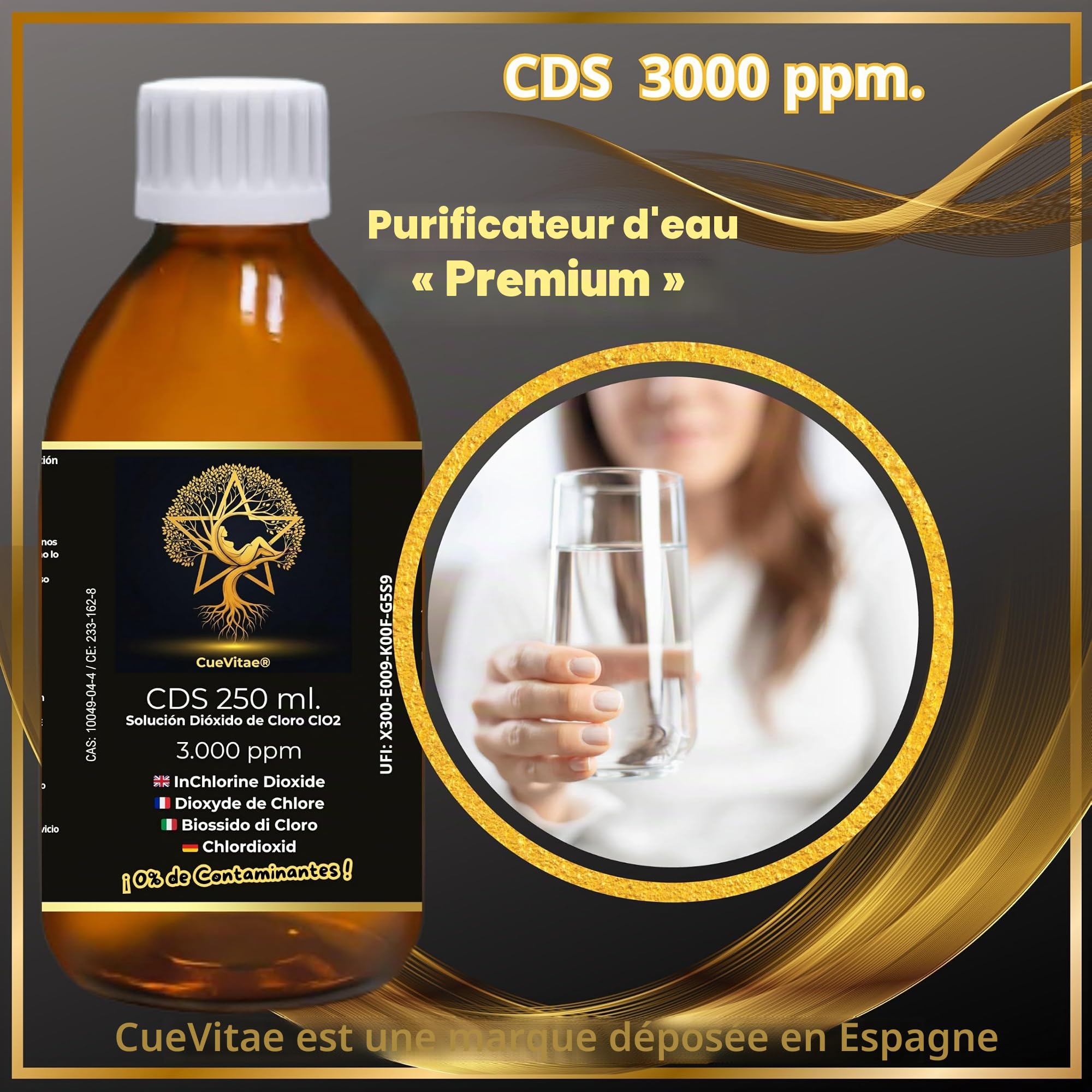 CDS 0,3% 2x250 ML | Solution aqueuse de dioxyde de Chlore | Verre | Biocide technique TP5 exclusif traitement d'eau. Lot 2 récipients verre ambré anti-UV avec équipement volumétrique.