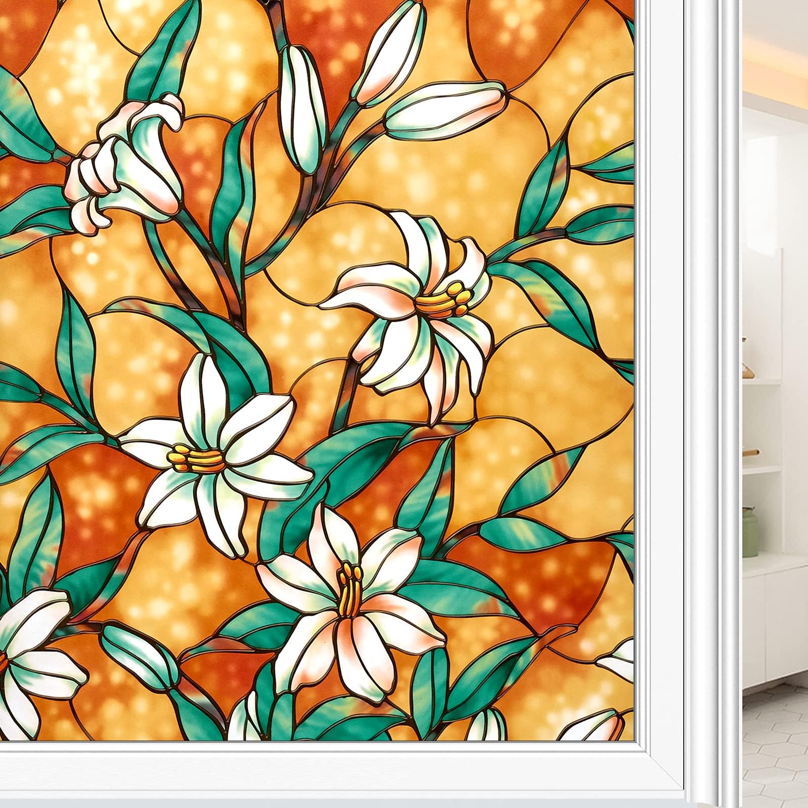 Coavas Decorative Window Privacy Film, Heat Control Sun Blocking Stained Glass Window Film, Floral Design Static Cling, Non Adhesive Windows Tint for Bathroom Front Door(Vinyl, 17.5" x 78.7 ")