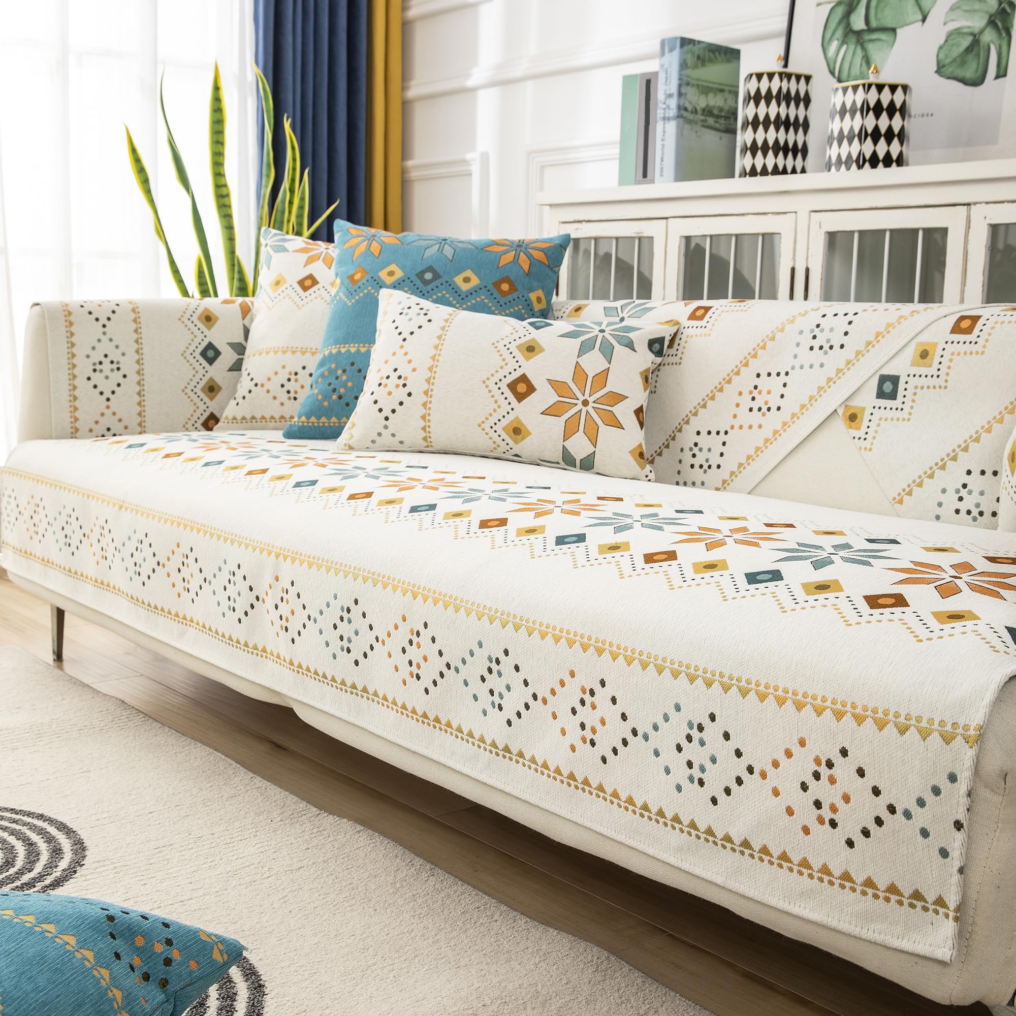 Rosygulls Boho Chenille Couch Covers,Geometric Couch Covers for Sofa,Chenille Couch Cover Non Slip,Sectional l Shaped Sofa Furniture Protector Cover