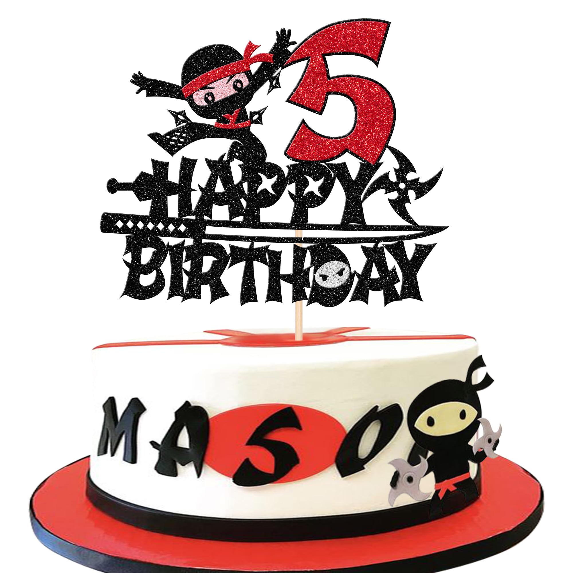1 PCS Ninja Happy 5th Birthday Cake Topper Black Glitter Five Years Old Birthday Cake Pick Martial Arts Kung Fu Warriors Cake Decoration for Ninja Theme Fifth Birthday Party Decorations Supplies