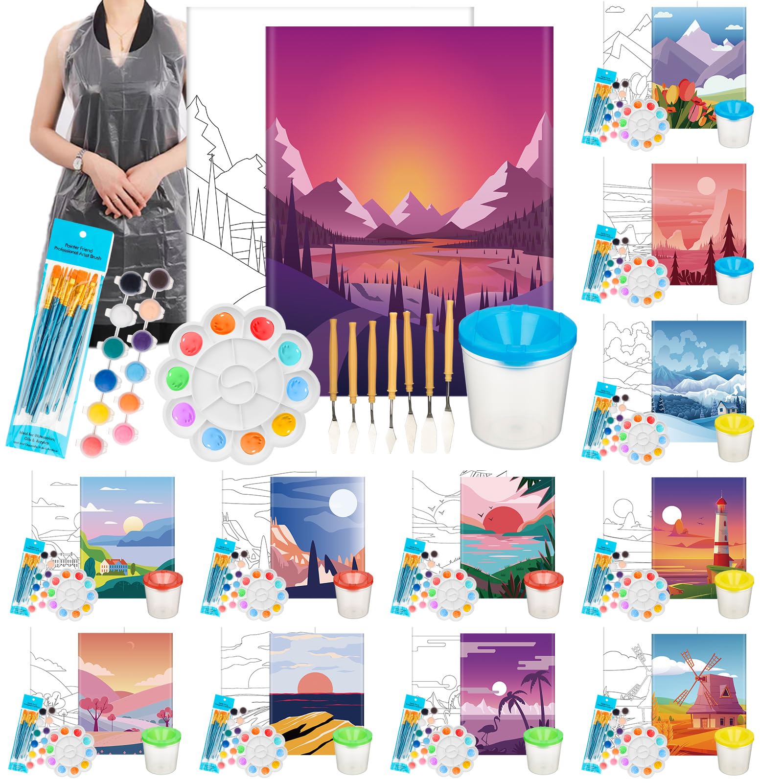 12 Pack Pre Painted Canvas Painting Supplies Include Pre Printed Canvas Pen Buckets Paintbrushes Palettes Paint Knives Disposable Smocks Acrylic Paints for Kids Adults (Fresh,8 x 10'')