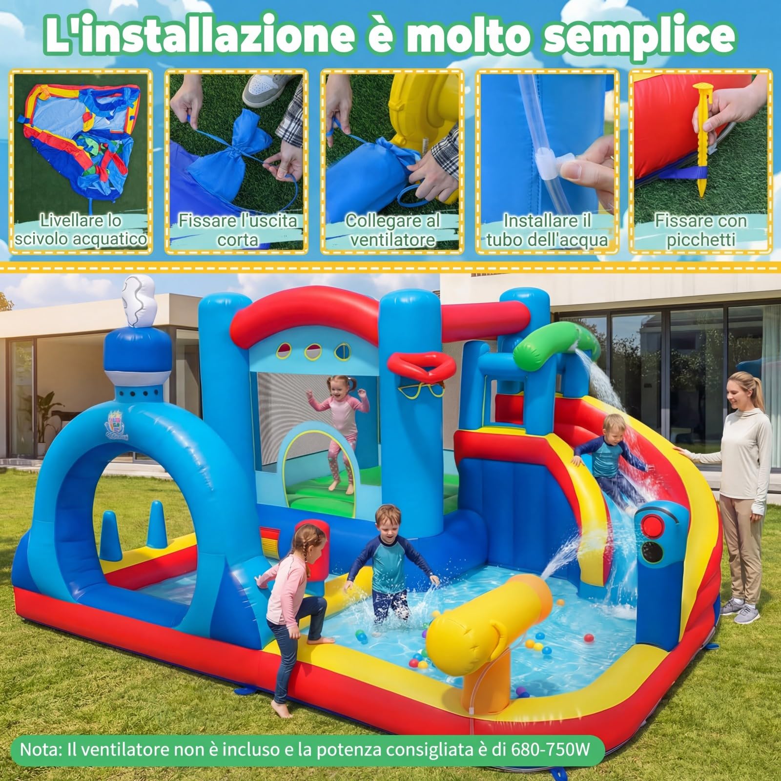 COSTWAY Castello Gonfiabile per Bambini, Casa Gonfiabile con Piscina, Cannone d'Acqua, Gioco con Anelli, Gioco a Bersaglio e Parete d'Arrampicata, Parco Acquatico da 3-12 Anni per Esterno