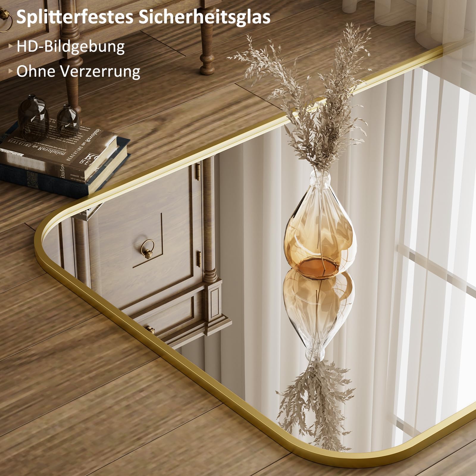 Koonmi Ganzkörperspiegel Bogen 52 x 142 cm Gold, Stabiler Rahmen im Alltag | mit Ständer, zum Anlehnen oder Aufhängen, stabiler Rahmen, Sicherheitsglas für Schlafraum, Ankleide, Wohnzimmer und Flur