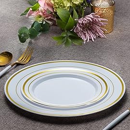 SETUP 60-Piece Gold Trim Plastic Dinnerware Set - 30 10.25 Dinner & 30 7.5 Salad Plates - Heavy-Duty Disposable for Weddings, Catering, Parties