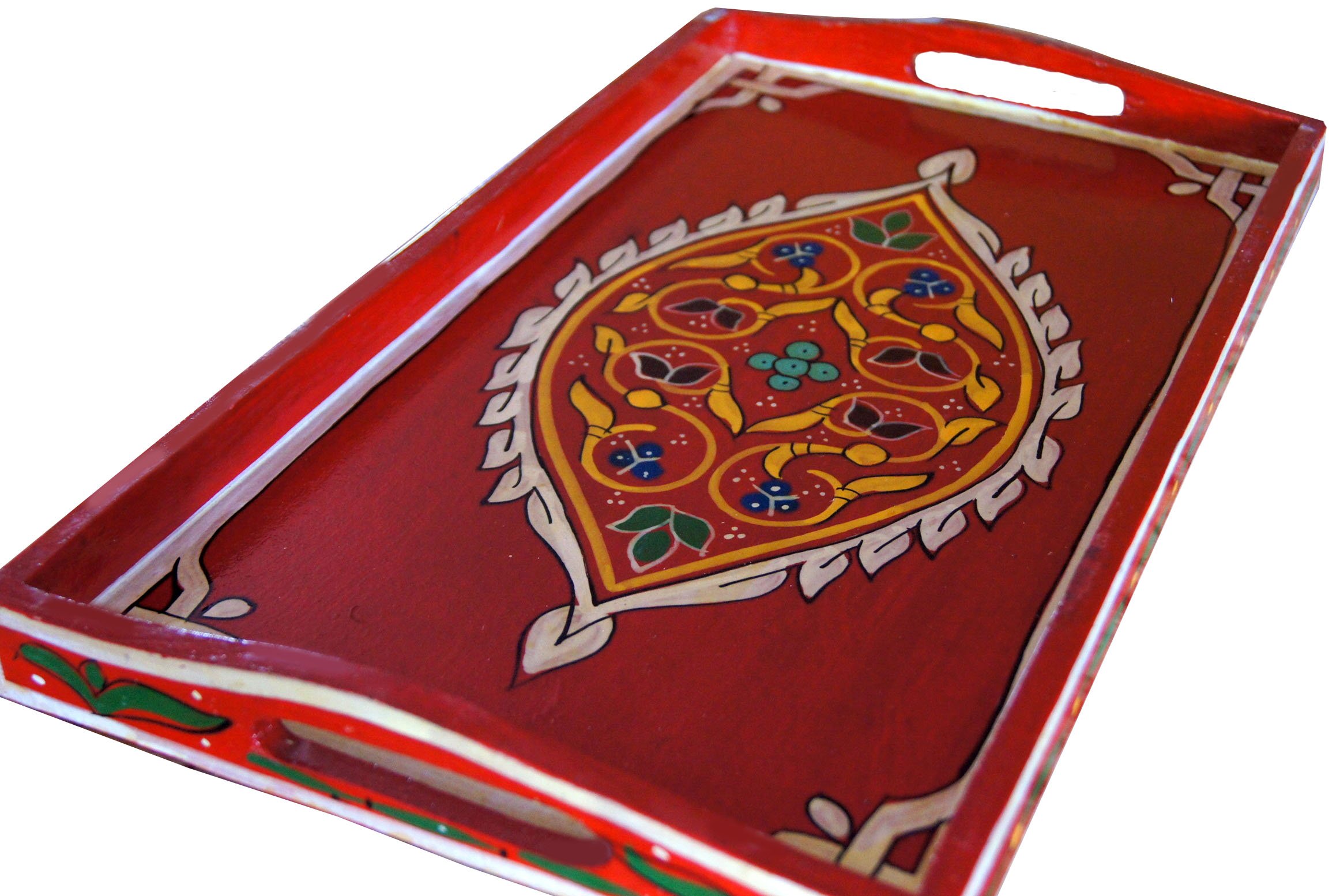 Handmade Moroccan Wood Tray Serving Painted Decorative with Handle for Tea Coffee Breakfast in Bed