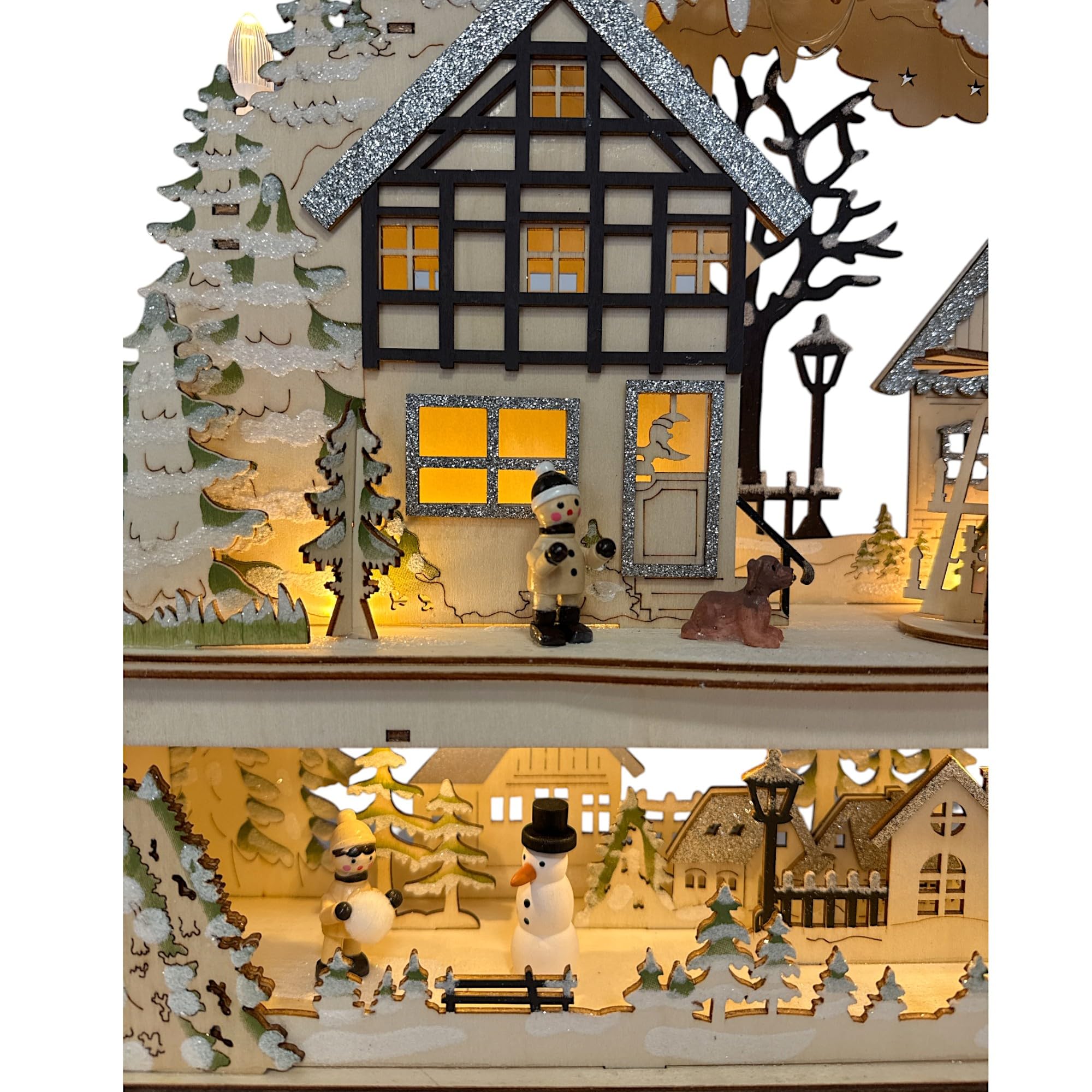 Wichtelstube-Kollektion LED Schwibbogen Fachwerkhaus Kurrenden vor Weihnachtspyramide Lichterbogen Weihnachten Schwippbogen mit Podest Holz Weihnachtsdeko