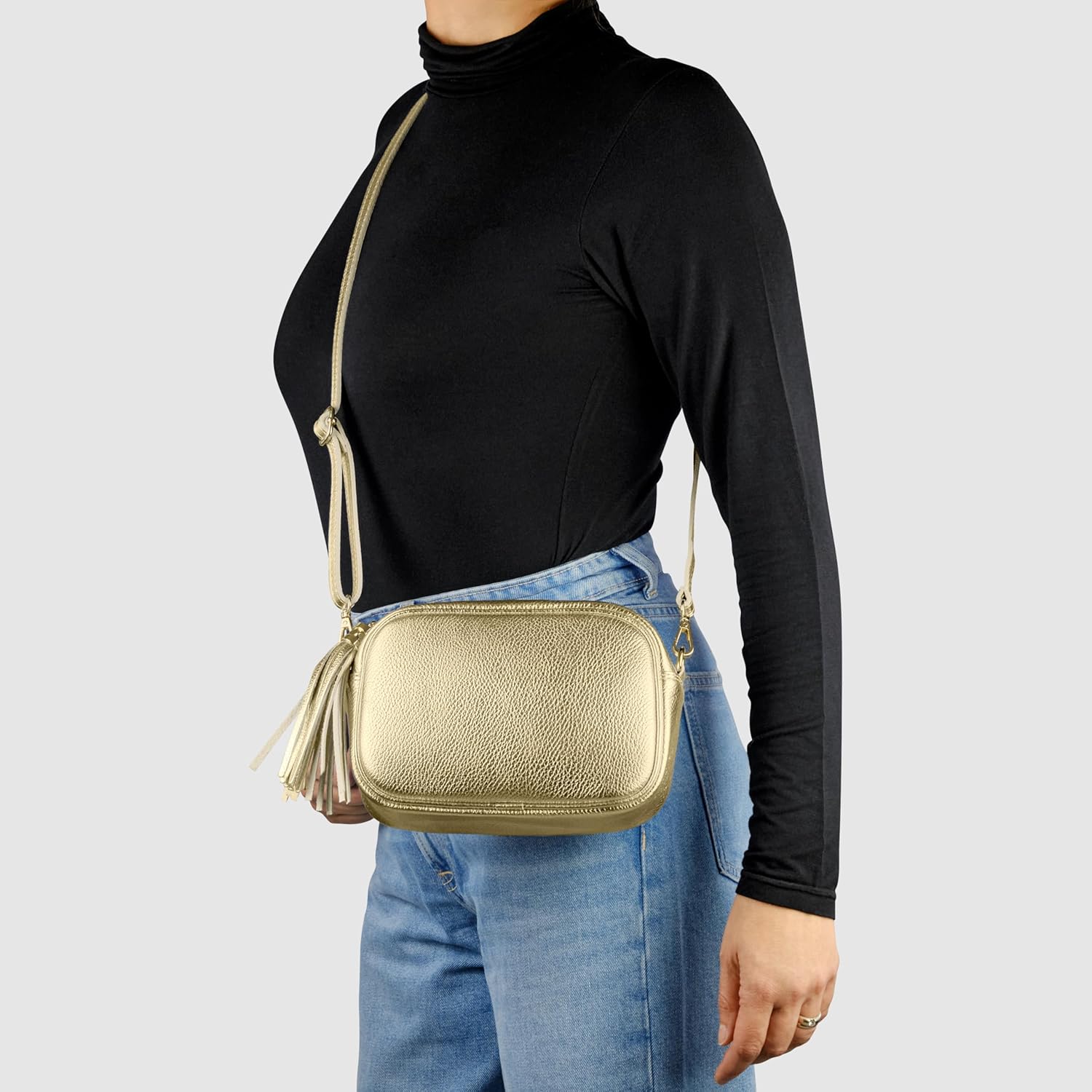 Italian Genuine Metallic Leather Crossbody Bag for Women with Tassel Zipper | Small Pebbled Calfskin Evening Purse - Image 4