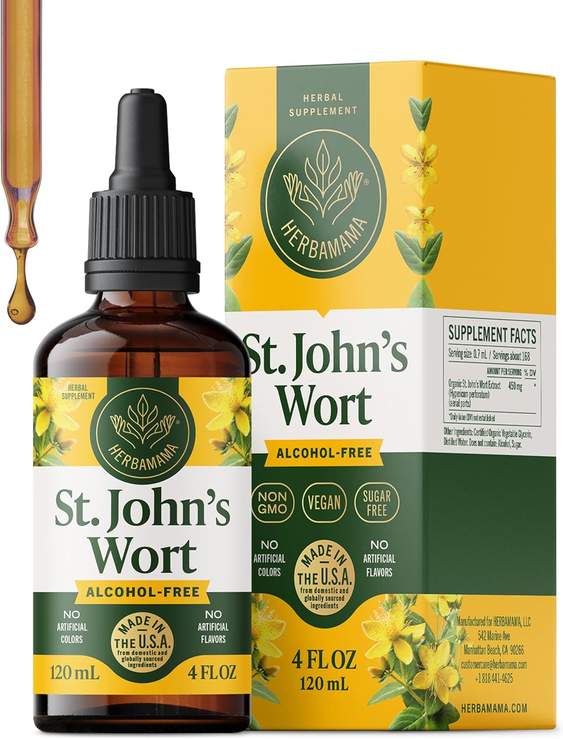 HERBAMAMA St. John's Wort Tincture - Vegan Mood Support & Women's Calmness with St. John's Wort Extract Drops - Non-GMO, Alcohol & Sugar-Free Liquid Supplement, 84-Day Supply