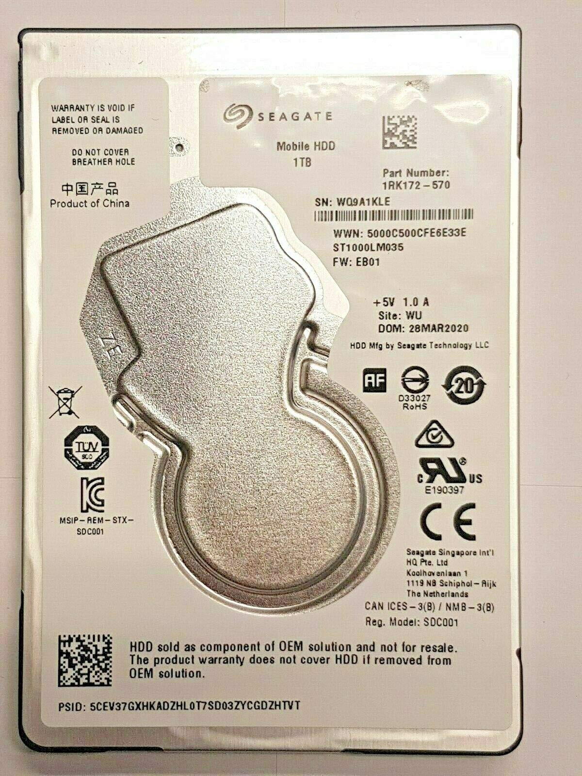 ST1000LM035 for Parts, Data recovery SN WQ9A1KLE PN 1RK172-570 28 MAR 2020 China