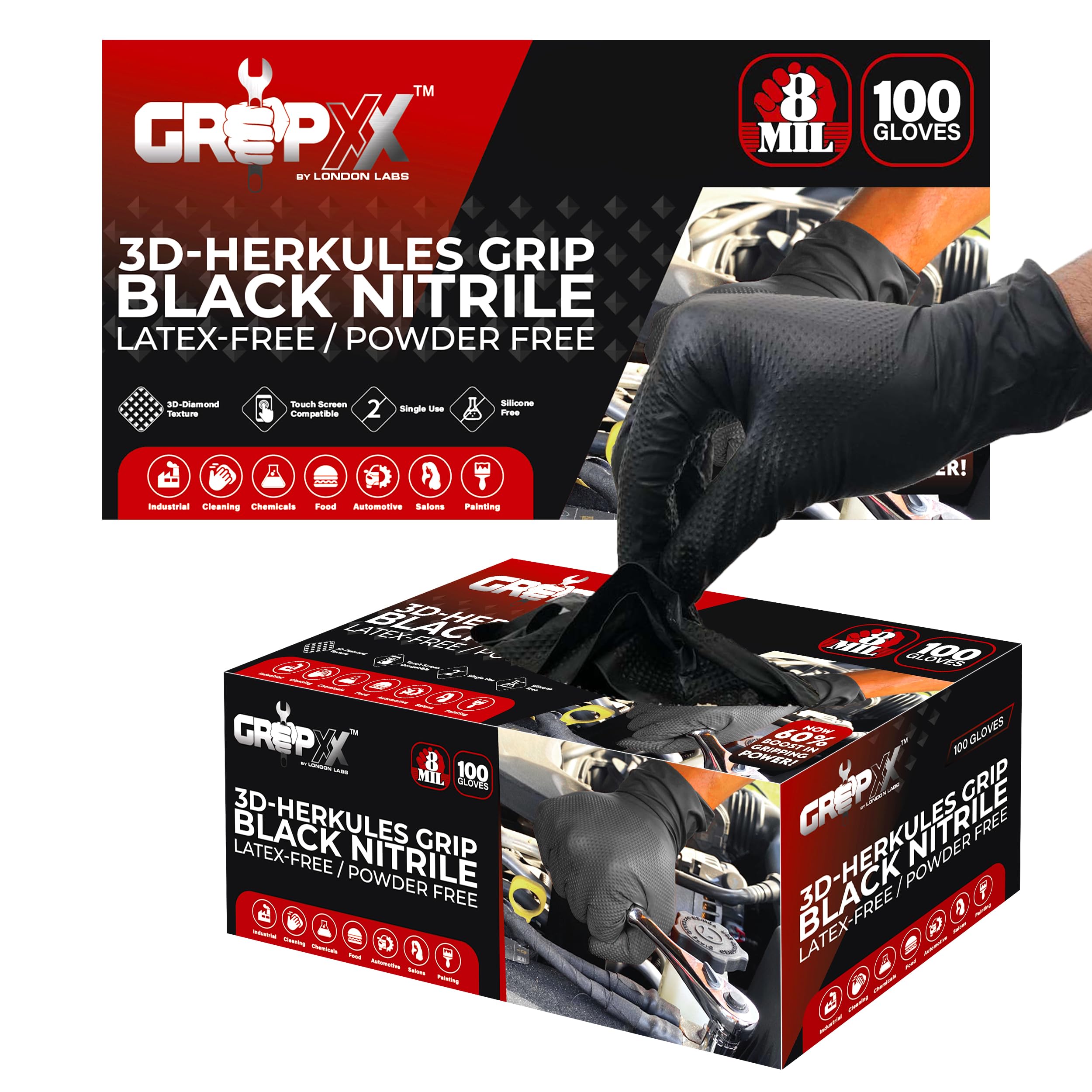 GRIPXX Herkules Grip Heavy Duty 8Mil Black Nitrile Gloves,3D Raised Diamond Texture-Latex & Powder-Free Industrial, Mechanic (200, Large)