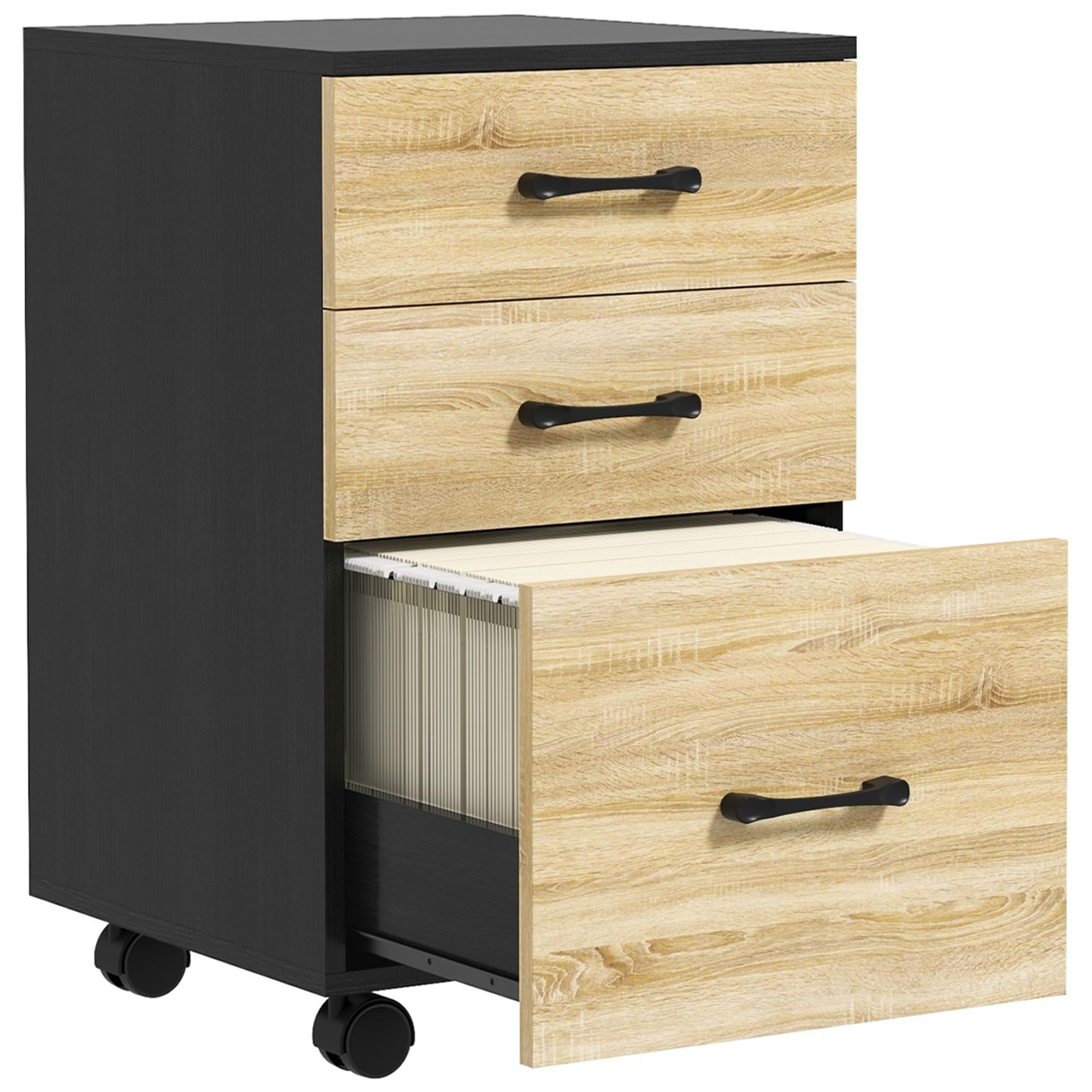 HOMCOM Cajonera de Oficina Mueble Archivador con 3 Cajones para Tamaño A4 Carta 4 Ruedas para Salón Estudio 40x42x65 cm Roble y Negro