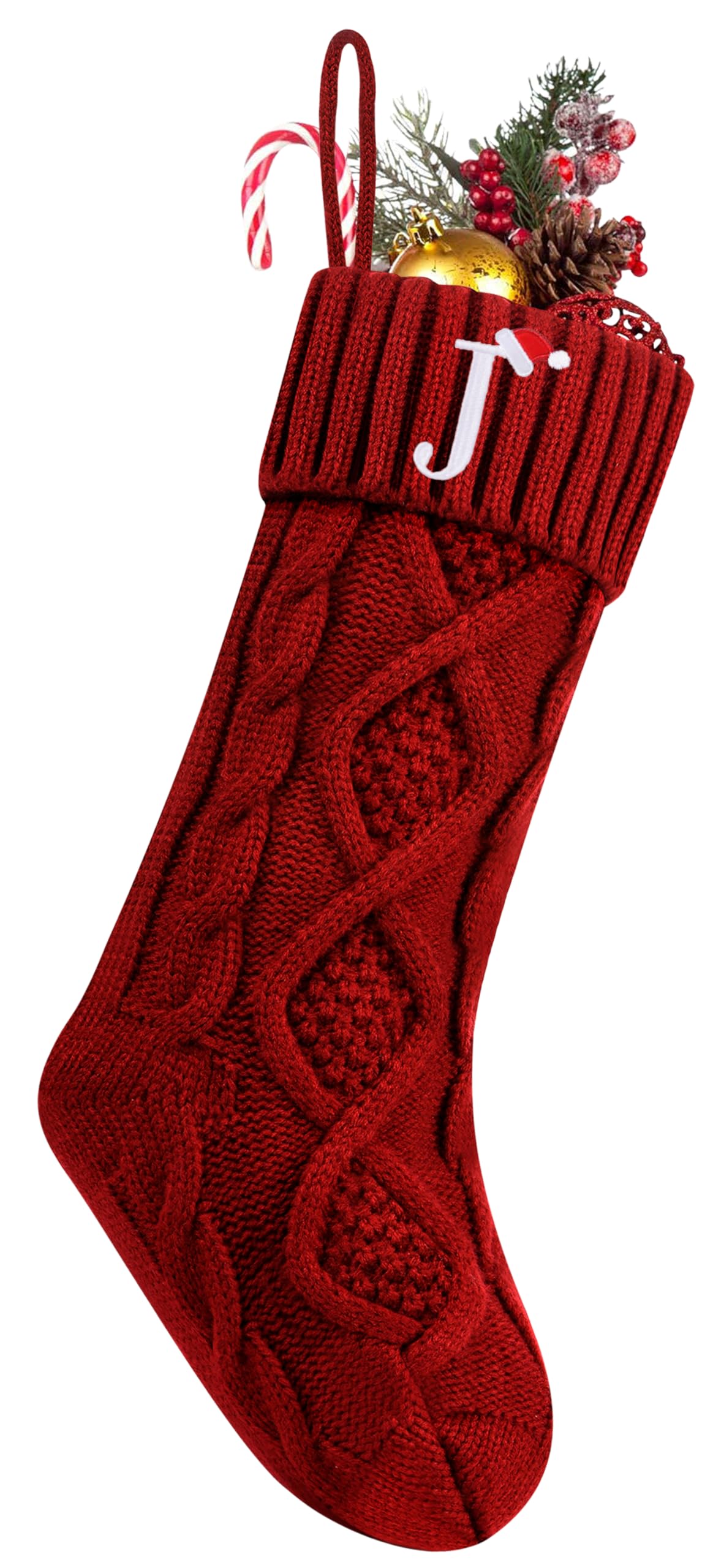 Personalized Christmas Stockings with Initials, 18 Inches Large Embroidered Monogrammed Cable Knit Christmas Stocking for Family, Xmas Holiday Party Gifts & Decoration for Fireplace(Burgundy,Letter J)