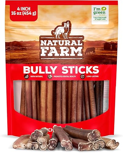 Natural Farm Bully Sticks sin olor (4 pulgadas, 16 onzas) masticables totalmente naturales de larga duración, 100% pene de res, alimentado con