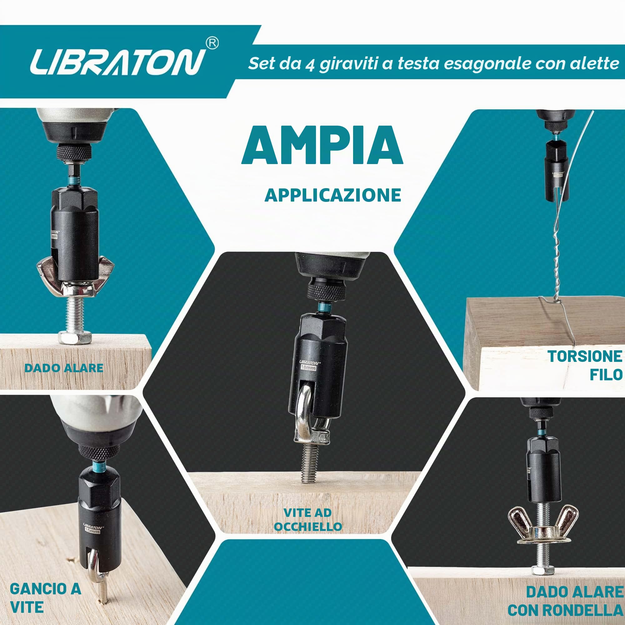 Libraton driver per dado dell'ala, 4 pezzi dadi ad ala profonda, set di driver per dadi ad aletta, esagonale da 1/4", dadi ad ala di potenza, per bulloni a gancio e gancio a C bullone