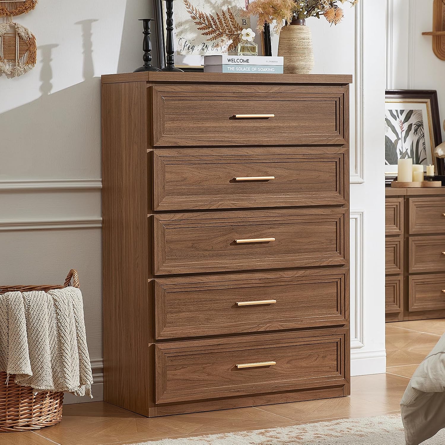 RWYHG Dresser for Bedroom 5 Drawer 45" Tall with Gold Handle Closet Storage