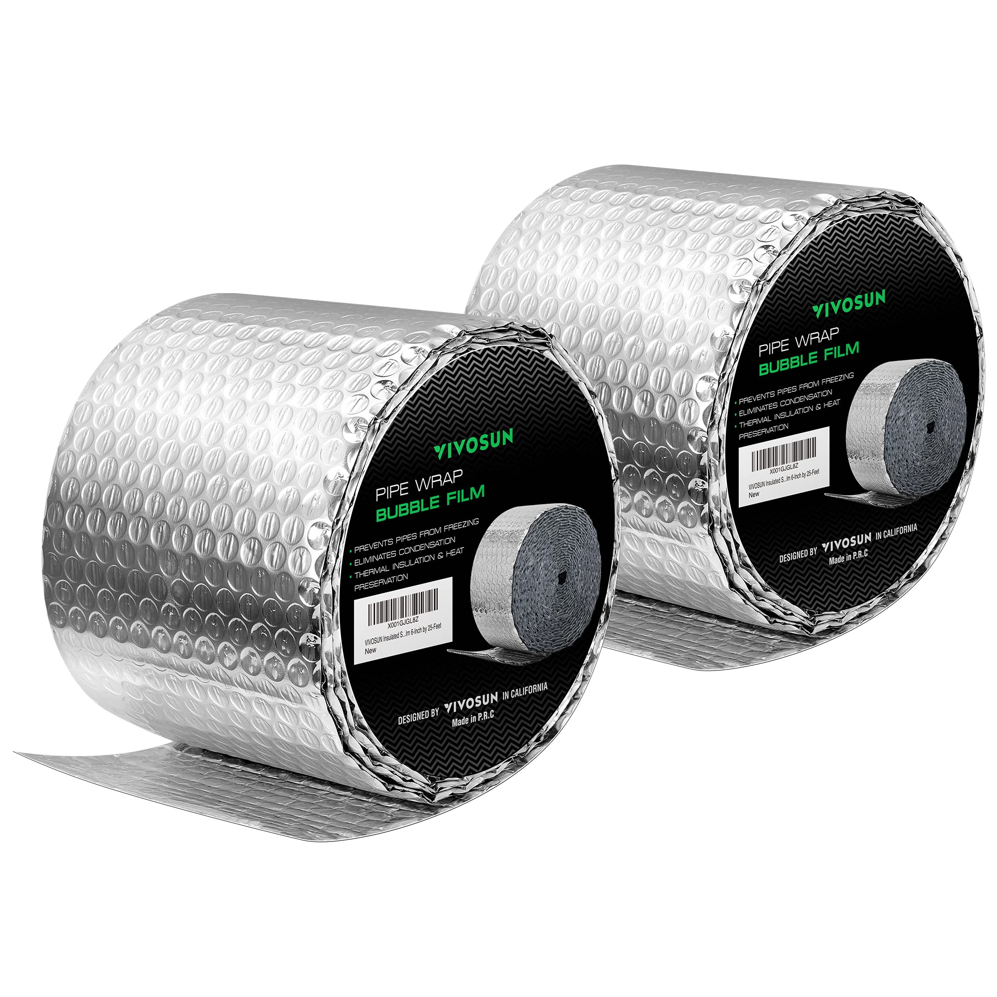 VIVOSUN 2-Pack Double Bubble Foil Insulation Roll, 6" x 25 ft Reflective HVAC Pipe & Duct Wrap, Weatherproof Thermal Insulation for Attics, Windows, Garages