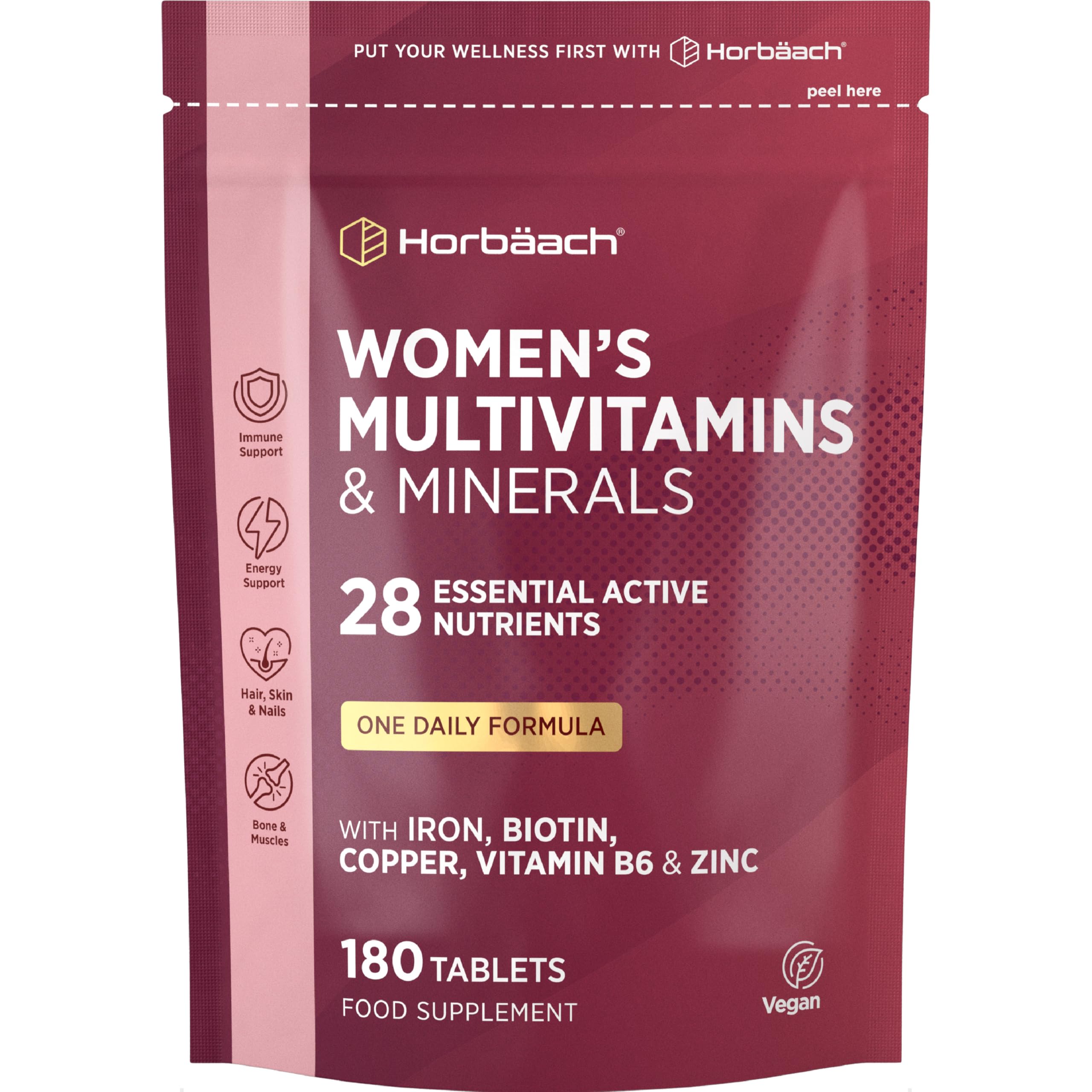 Womens Multivitamins and Minerals | 28 Essential Active Nutrients with Iron, Biotin, Copper, Vitamin B6, Zinc & More | 180 Vegan Tablets - 6 Month Supply | by Horbaach