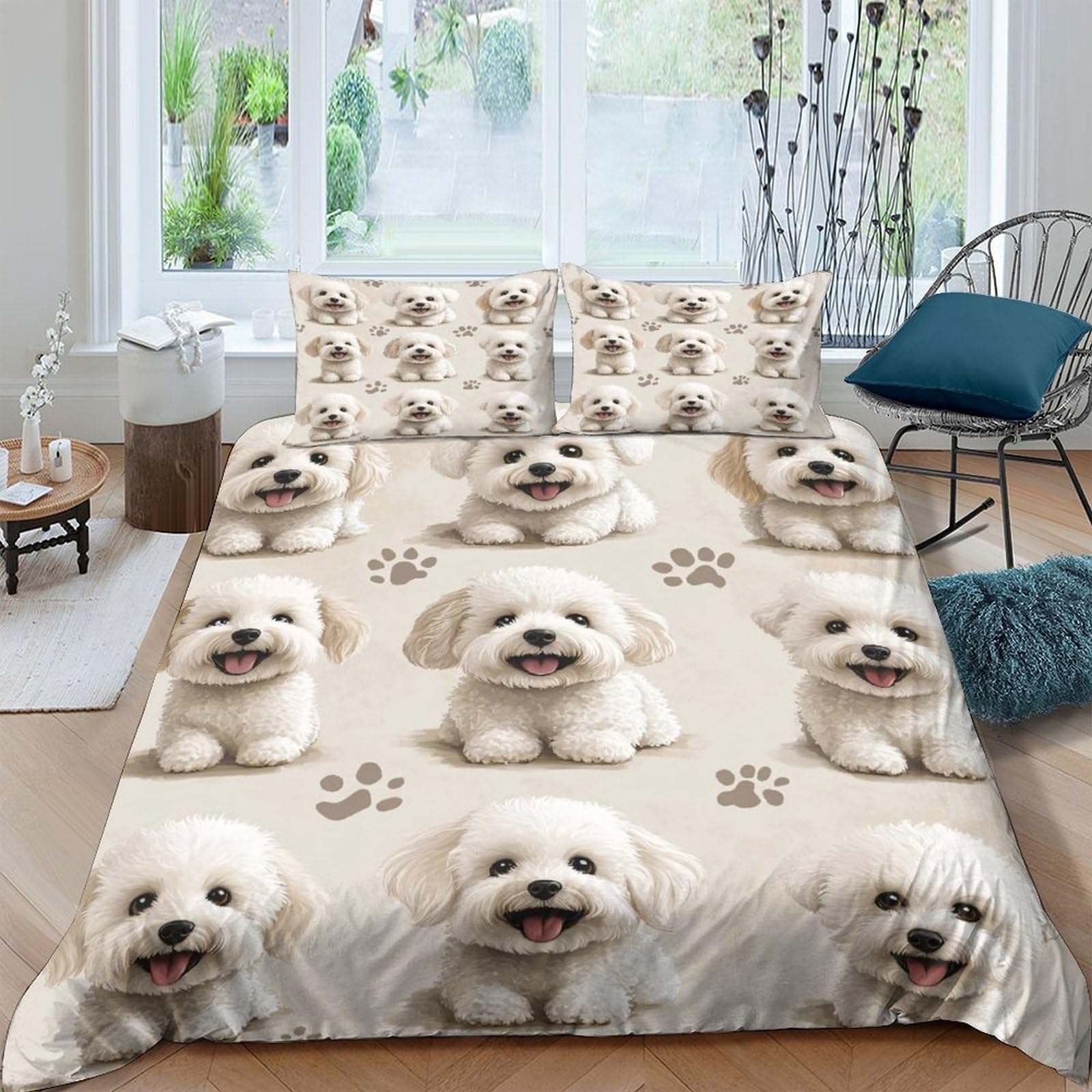 Ctjqhvkz Style-6 3D Printed White Puppy Fitted Sheet Microfiber Soft Anti-Slip Dog Paw Bed Cover For Bedroom Guest Room Washable Decor Single（135X200cm）