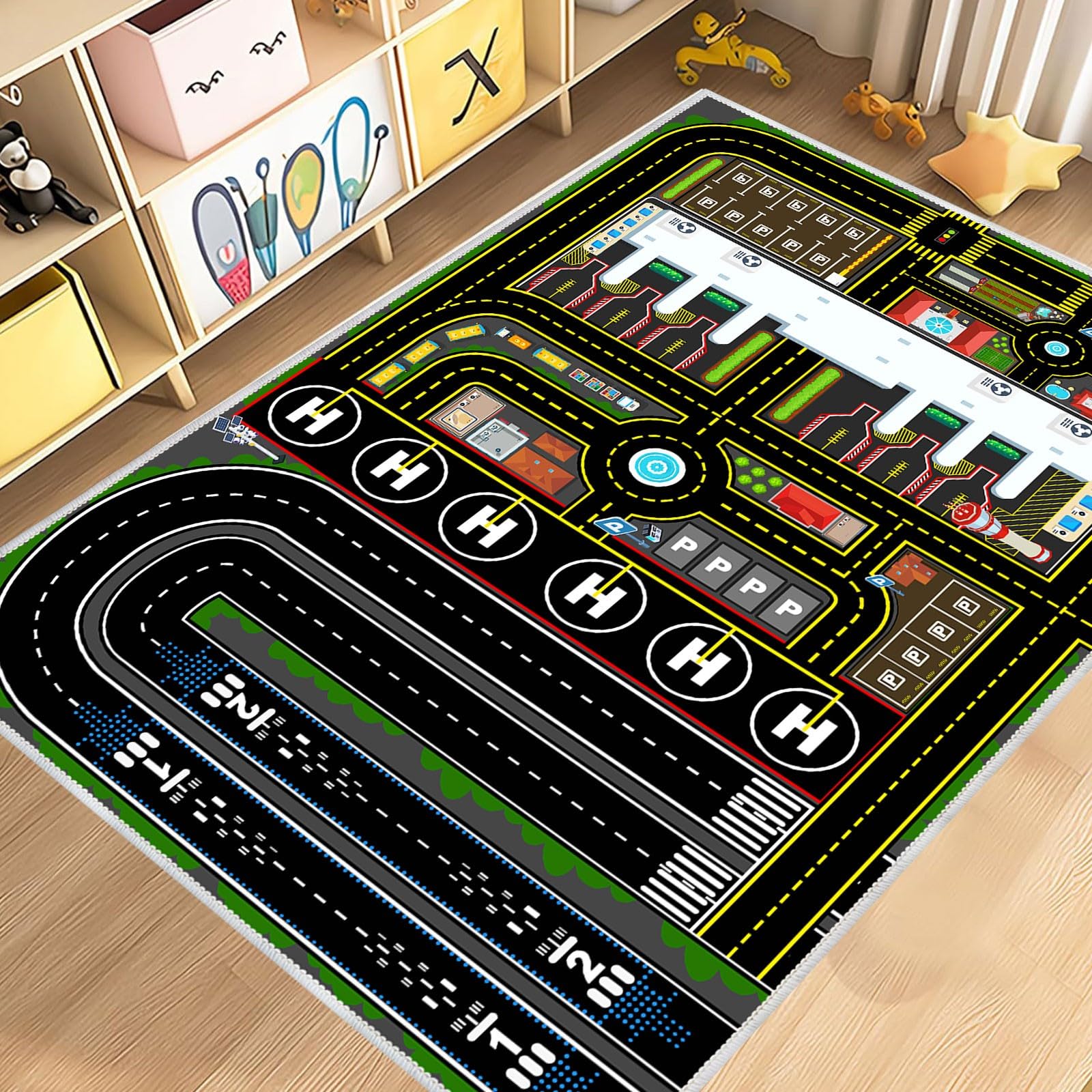 Kids Rug Car Rugs Airplane Road Carpet Playmat for Play Toy Cars, Airport Parking Track Rug Carpet for Playroom Nursery Classroom Kids Room, Play Floor Mat Great Gift for Boy Girl 2.6x3.9ft