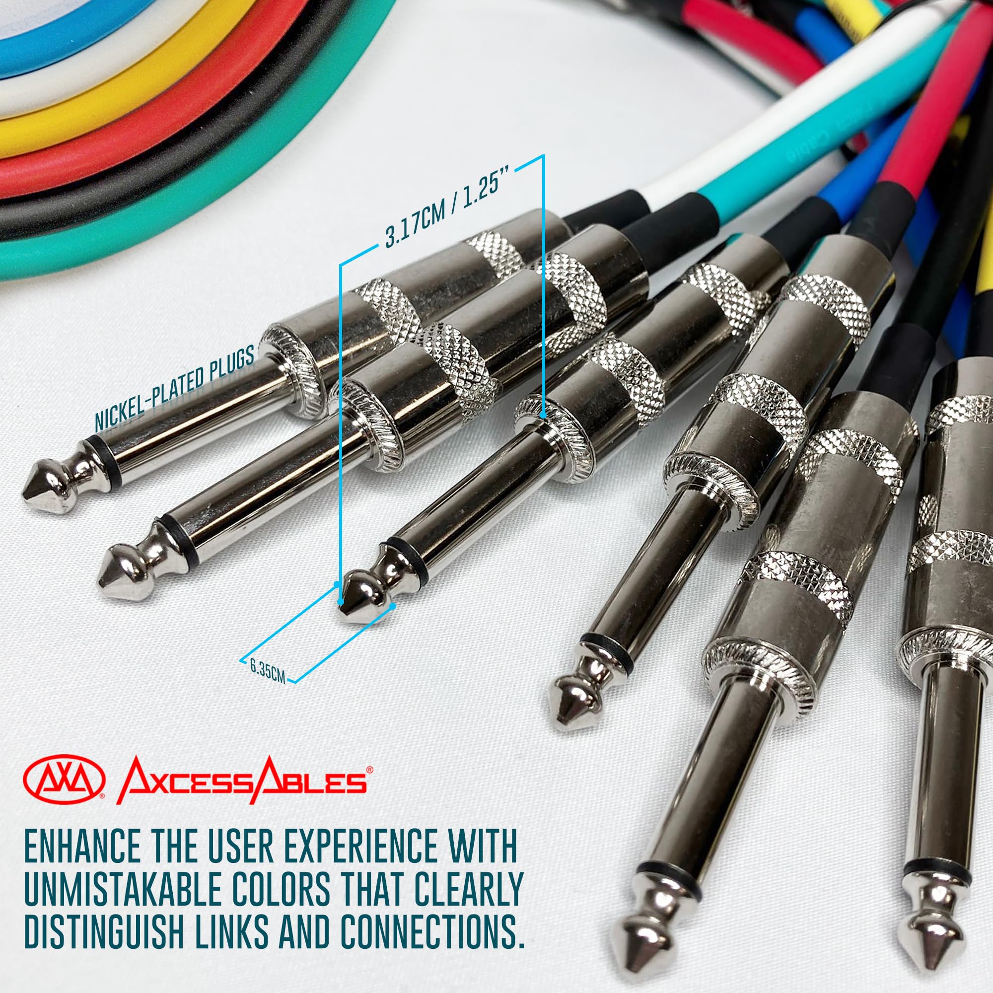 AxcessAbles Audio 1/4 Zoll TS Gitarren- und Bass-Verstärkerkabel, Metallstecker, hochwertiger OFC-Kupferdraht, TS 6,35 mm Gitarrenkabel, Stecker auf Stecker, 3 m, mehrfarbig, Mono-Instrumentenkabel (3