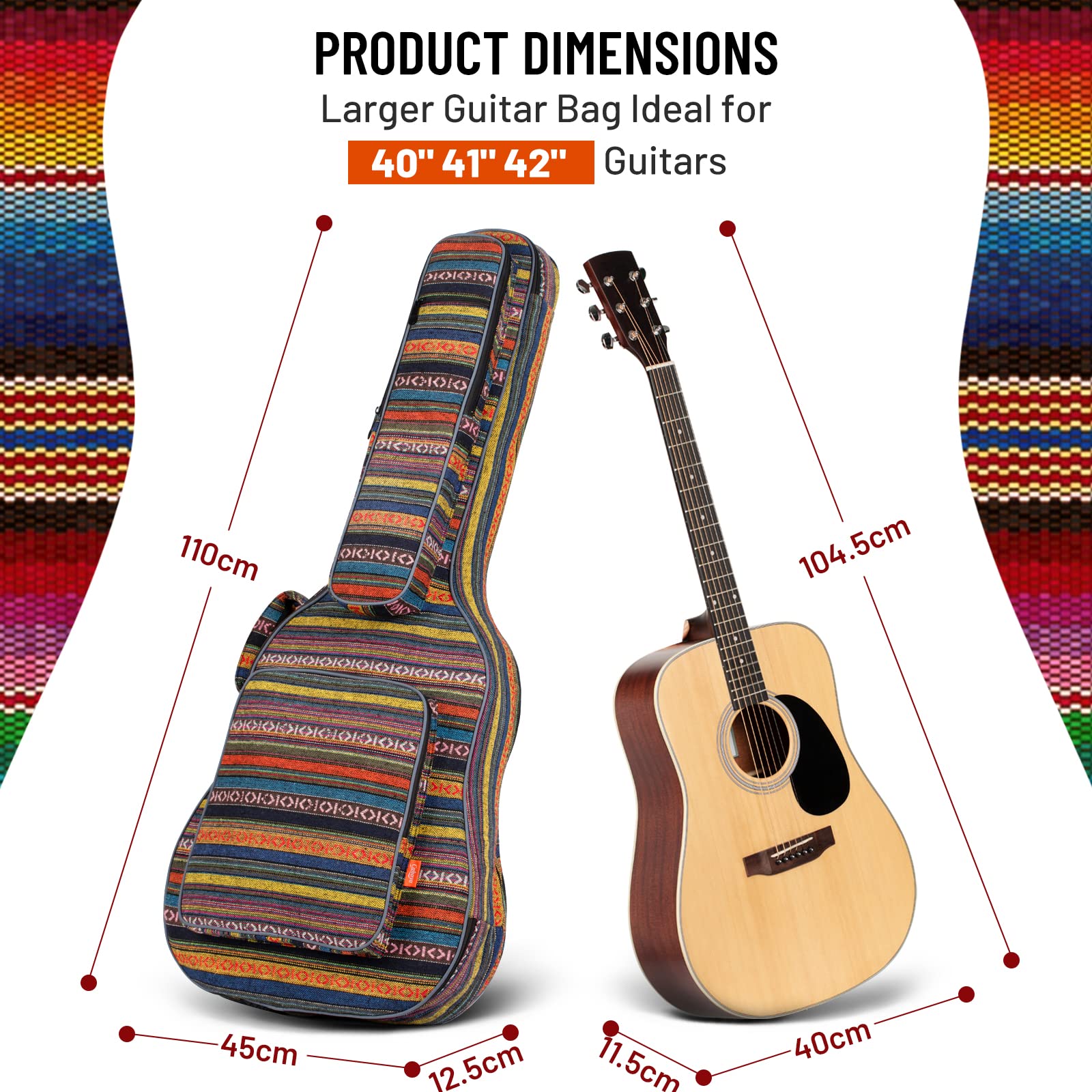 CAHAYA Funda para Guitarra Estilo Bohemia Bolsa Guitarra Clasica Acústica Acolchada de 15,6mm con 3 Bolsillos para Guitarra de 40 41 42 Pulgadas