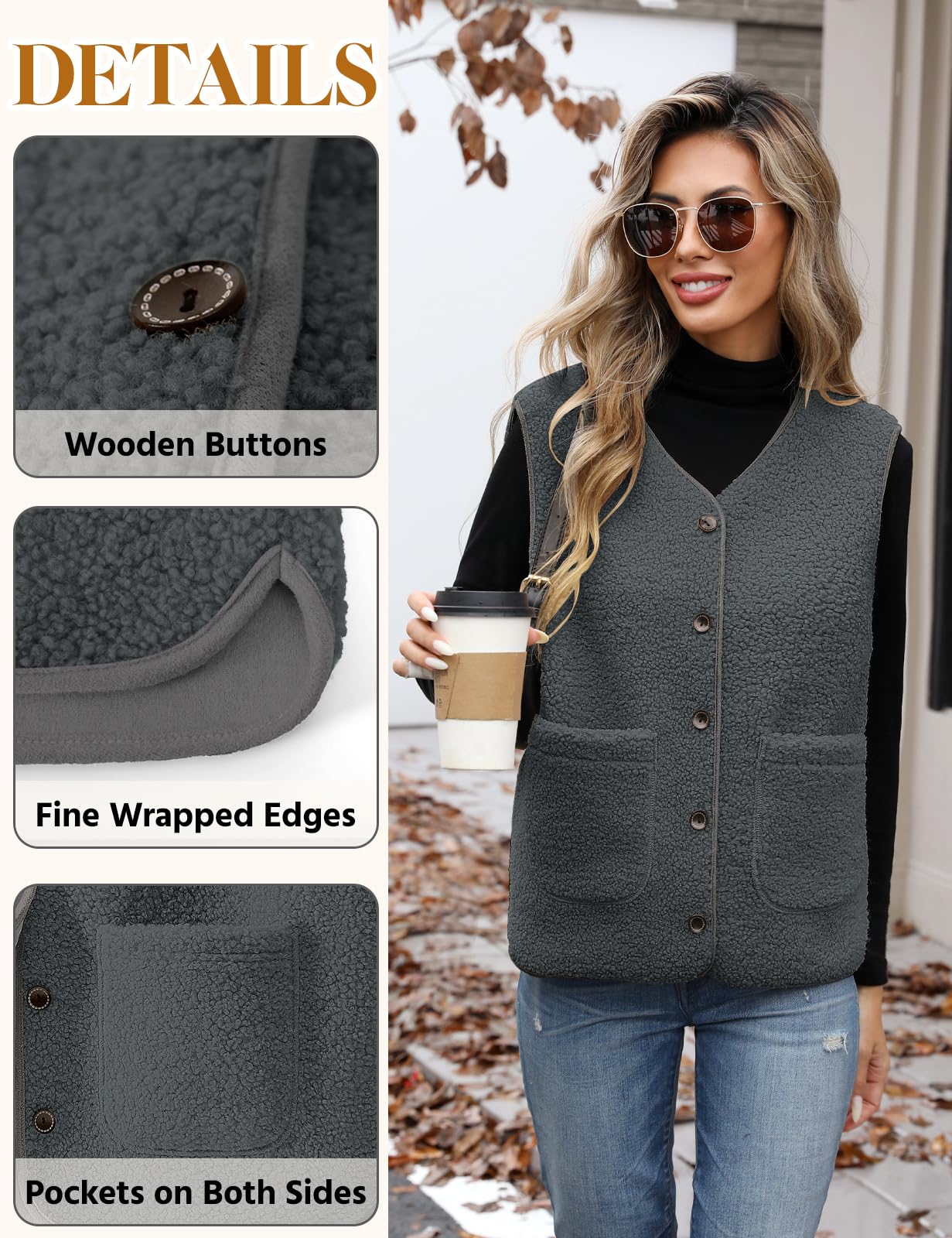 CMTOP Gilet Donna Gilet da Teddy Pile Senza Maniche Autunno Inverno Casual Smanicato Gilet in Pile Corta Leggero Comodi Gilet Scollo a V con Tasche