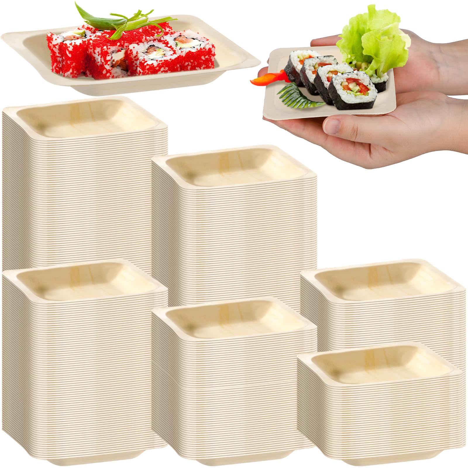 600 Pcs Disposable Square Palm Bowls Palm Leaf Bowls Bamboo Disposable Plates Square Wood Plates for Birthday Party, Wedding Events, Appetizer,