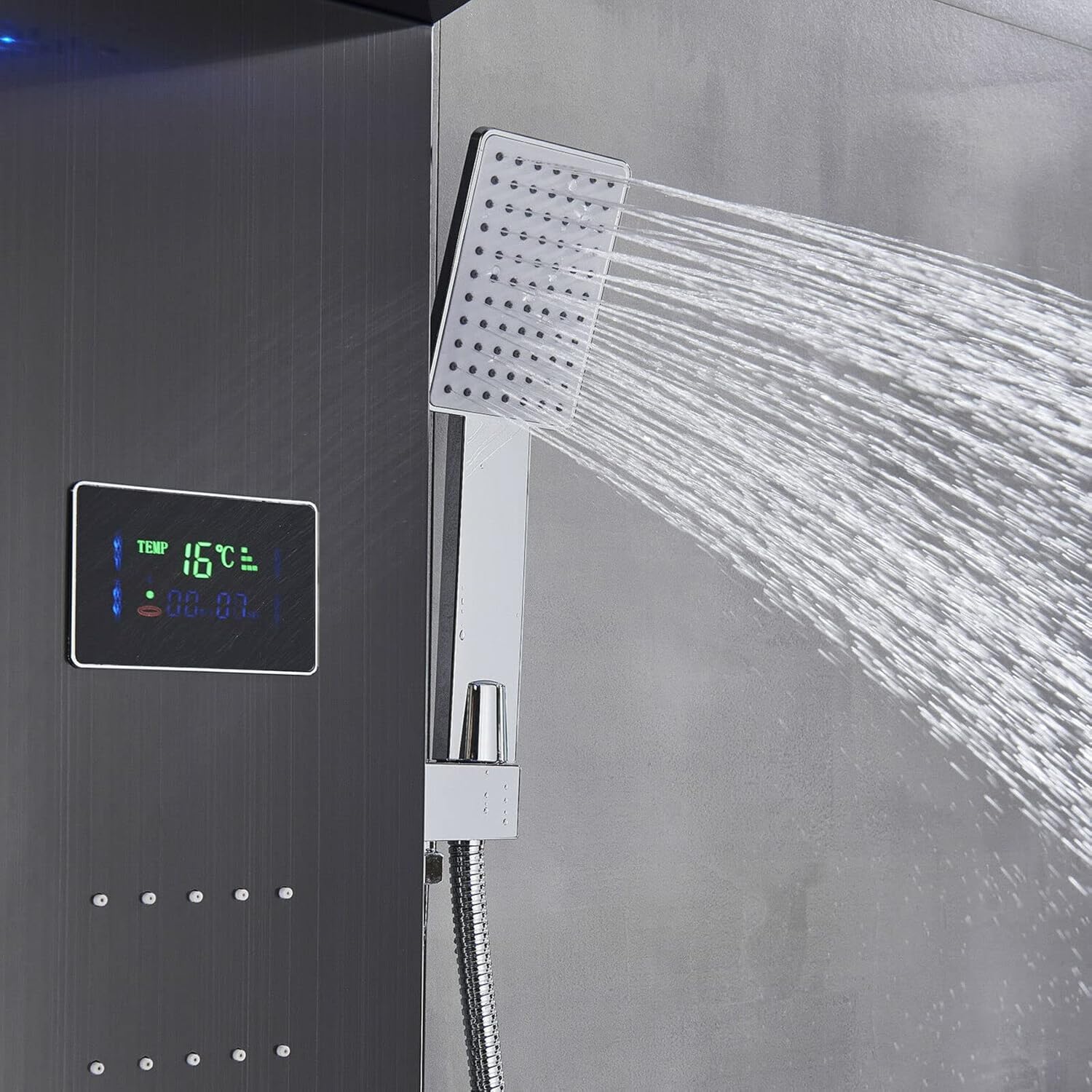 LED Shower Panel Tower Massage Body Jets System Rain Waterfall Stainless Steel Black Hand Shower