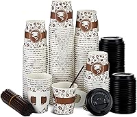 Vista 1 de Tessco Juego de 200 tazas de café desechables de 4 onzas a granel con tapas, asas anchas, pajitas de papel impreso, tazas de café desechables