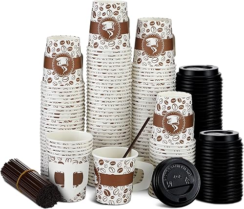 Tessco Juego de 200 tazas de café desechables de 4 onzas a granel con tapas, asas anchas, pajitas de papel impreso, tazas de café desechables para