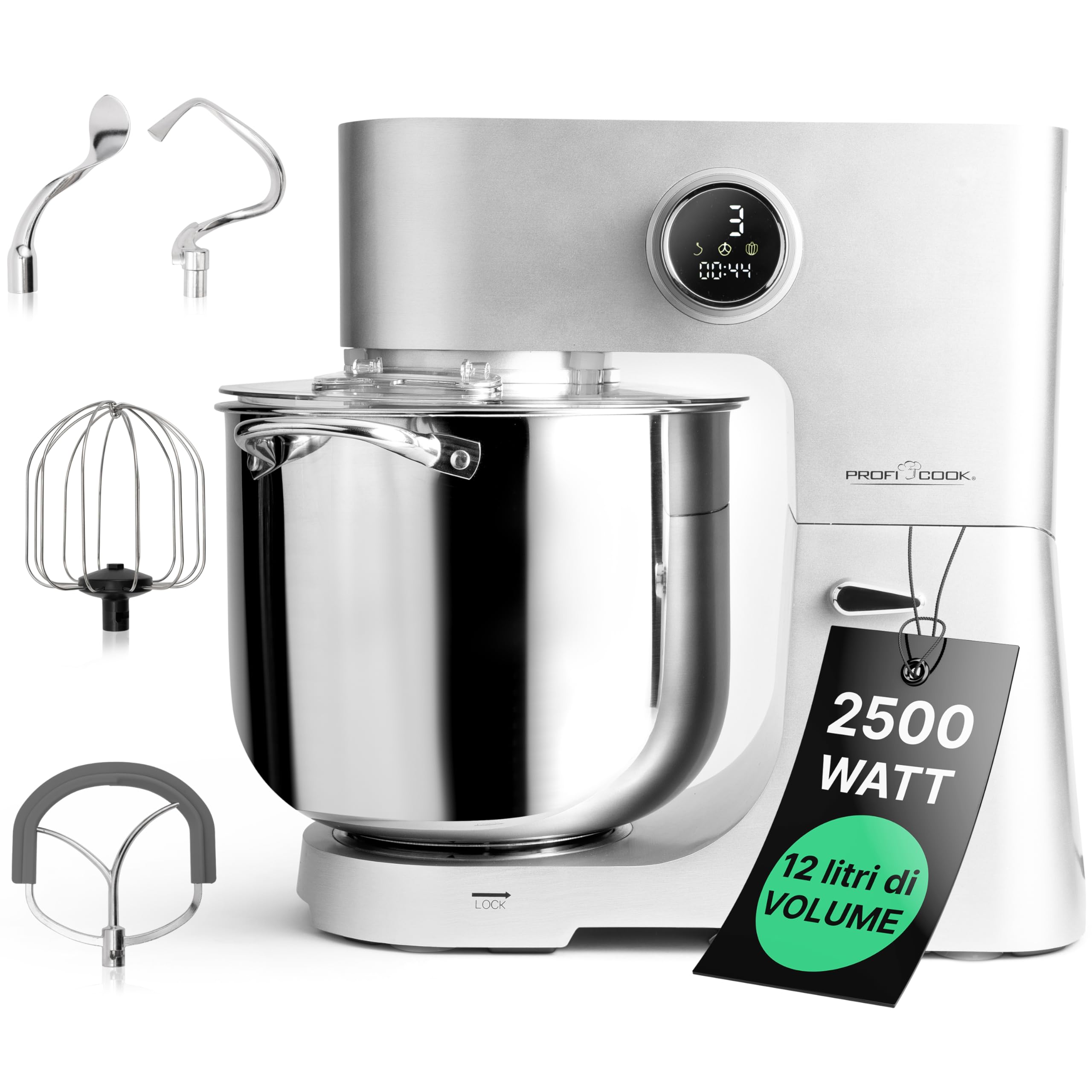 ProfiCook® Robot da cucina con ciotola XXL da 12 litri | Impastatrice con motore Longlife da 2500W | Ingranaggi in metallo e display a LED | Food Processor per impasti fino a 8,5 kg | PC KM 1254