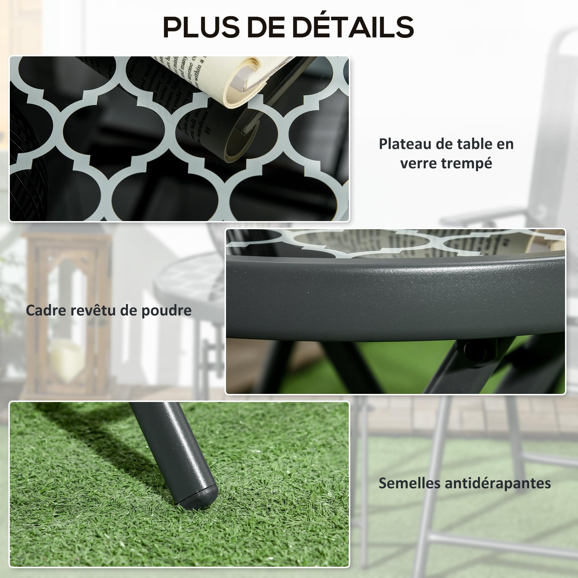 Outsunny Table Basse Pliante Verre trempé Métal Ronde 45cm Jardin Patio Balcon Noir Blanc