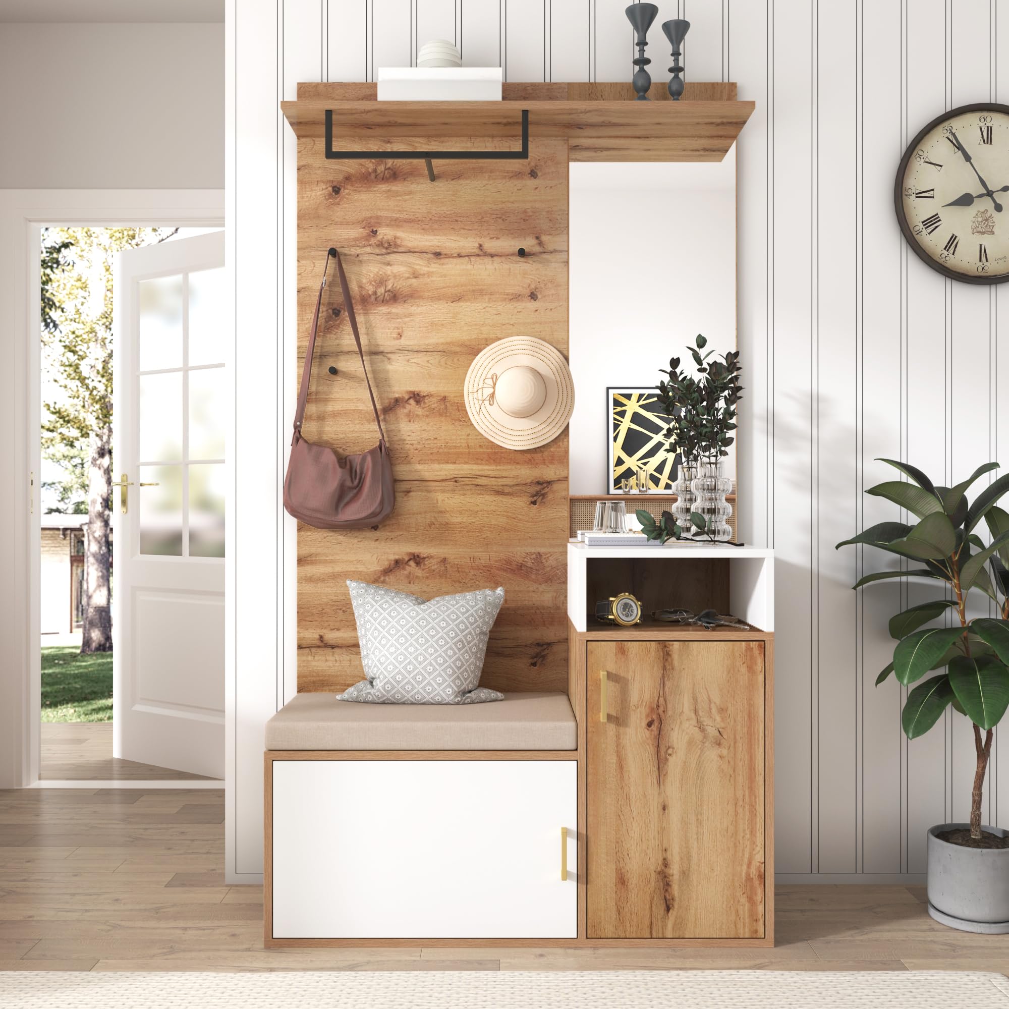 LAKFEW Juego de Perchero con Espejo, Perchero Zapatero con 4 Ganchos y 2 Puertas, Conjunto de Percheros Mueble Recibidor Entrada con Estante de Almacenamiento, 105x40x190.5 cm, Color Madera+Blanco