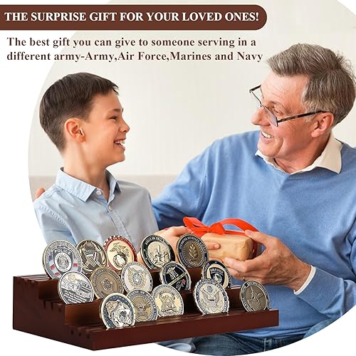 Miniatura 4 de Challenge - Soporte de exhibición de monedas de tres niveles, estantes militares, soporte de exhibición de monedas militares, estuche de madera para