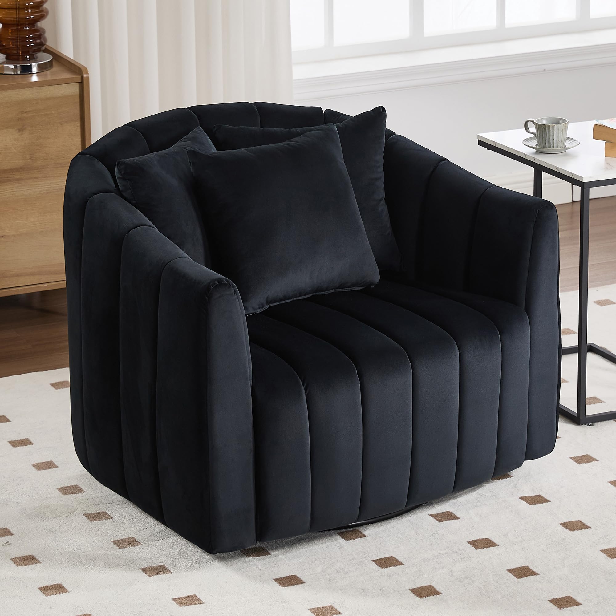Chifee & Vingol 40.16" W Swivel Accent Barrel Chair Velvet Round Barrel Chair with 3 Pillows 360 Degree Swivel Armchair for Living Room Bedroom, Black