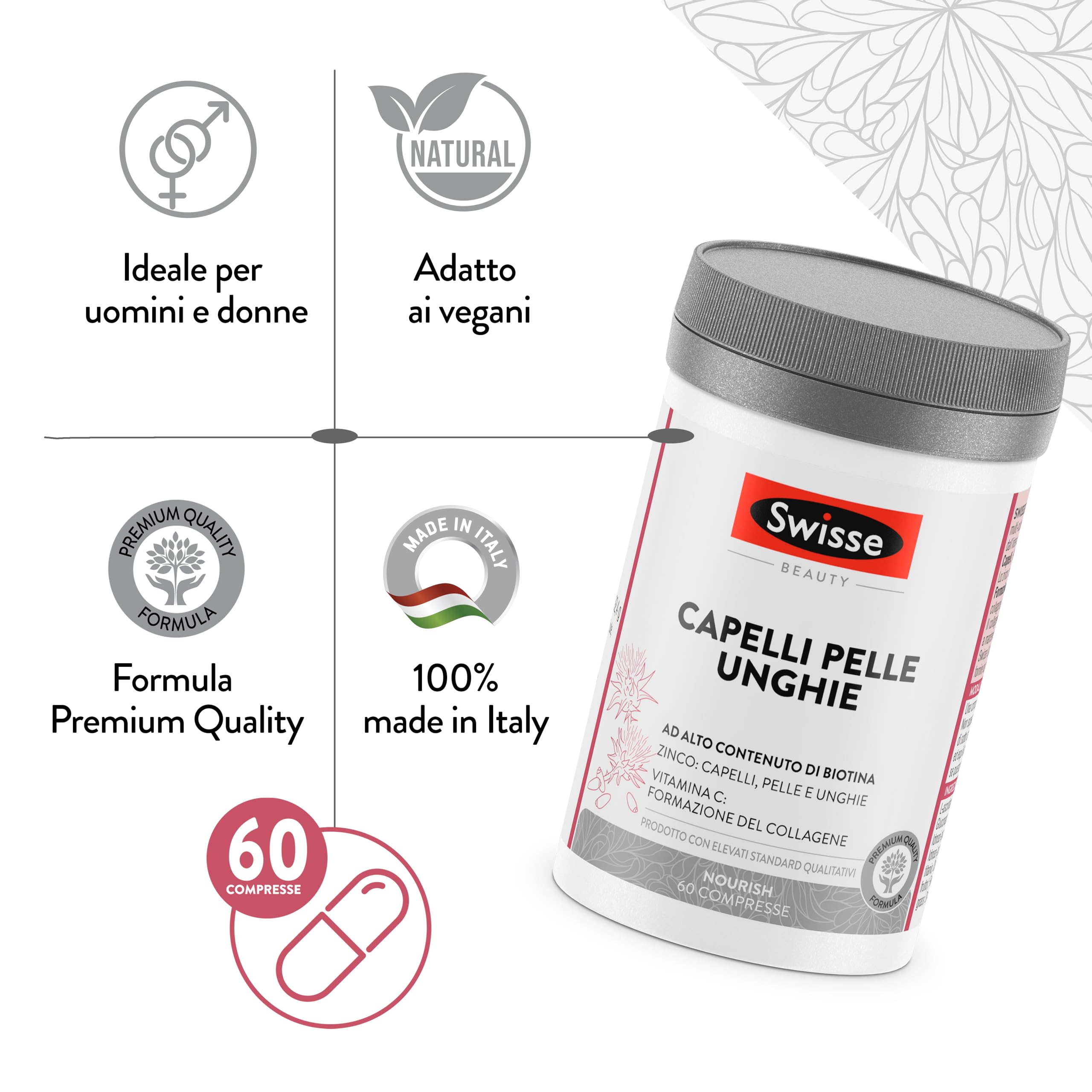 Swisse Integratore Capelli Pelle Unghie, Integratore Alimentare con Biotina, Zinco, Vitamina C, Ferro, Silicio ed estratto di Cardo mariano, 60 Compresse