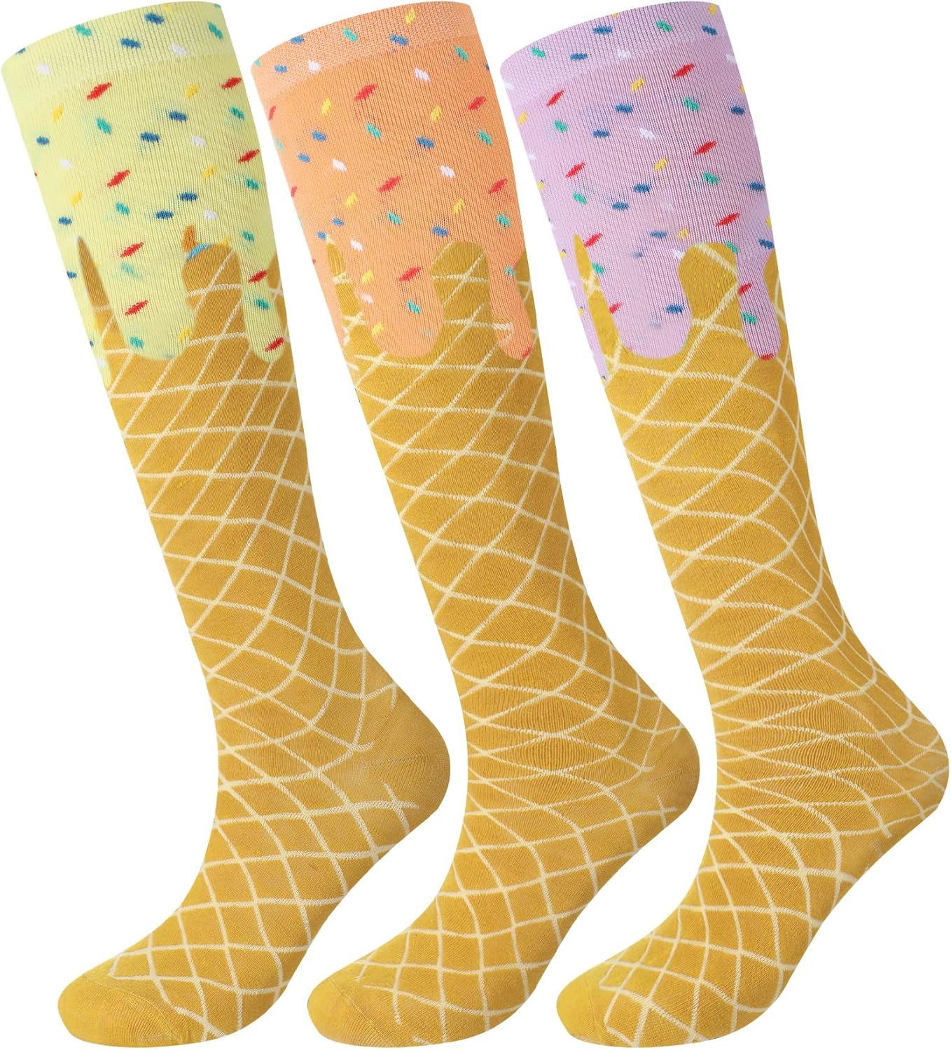 3 Pairs Ice Cream Drip Knee High Socks for Women Girls Funny Crazy Ice Cream Baseball Socks for Party Gifts