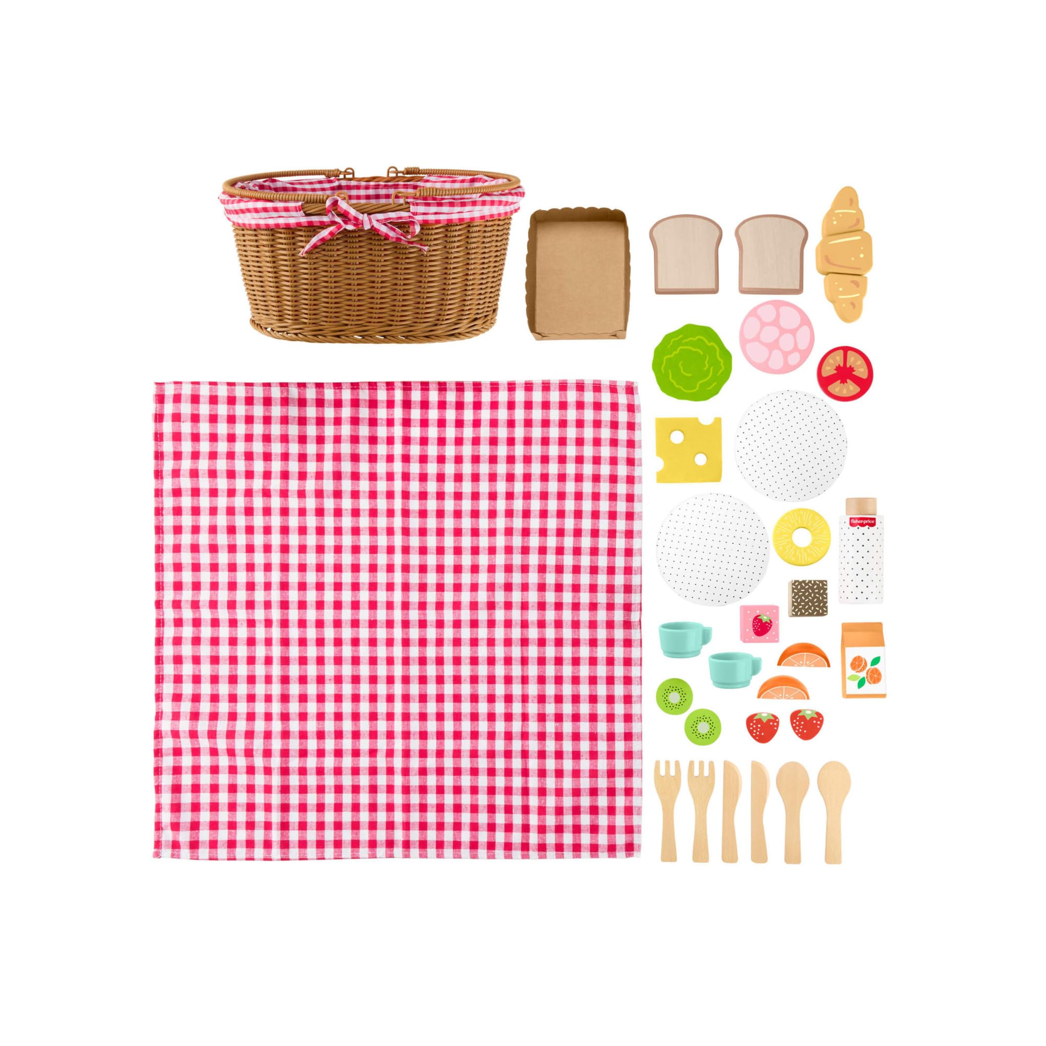 Fisher-Price Juego de cesta de pícnic de madera con comida, juguete de preescolar de imitación con 31 artículos, para niños y niñas a partir de 3 años, HXT81