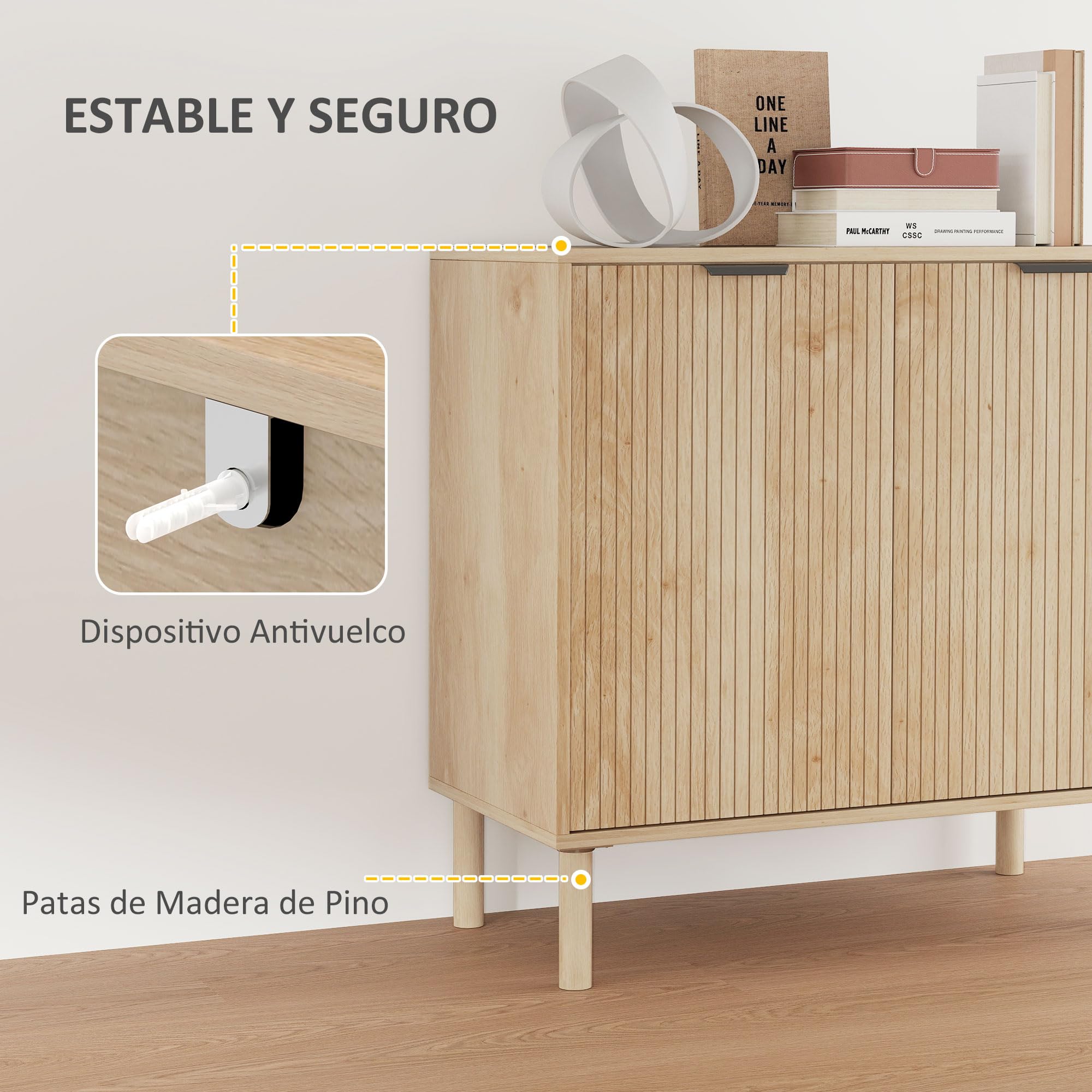 HOMCOM Aparador de Salón Estante Ajustable 2 Puertas 78x40x77,5 cm Roble | Aparador, Sistema Anti-vuelco, Patas de Madera de Pino, para Comedor Pasillo