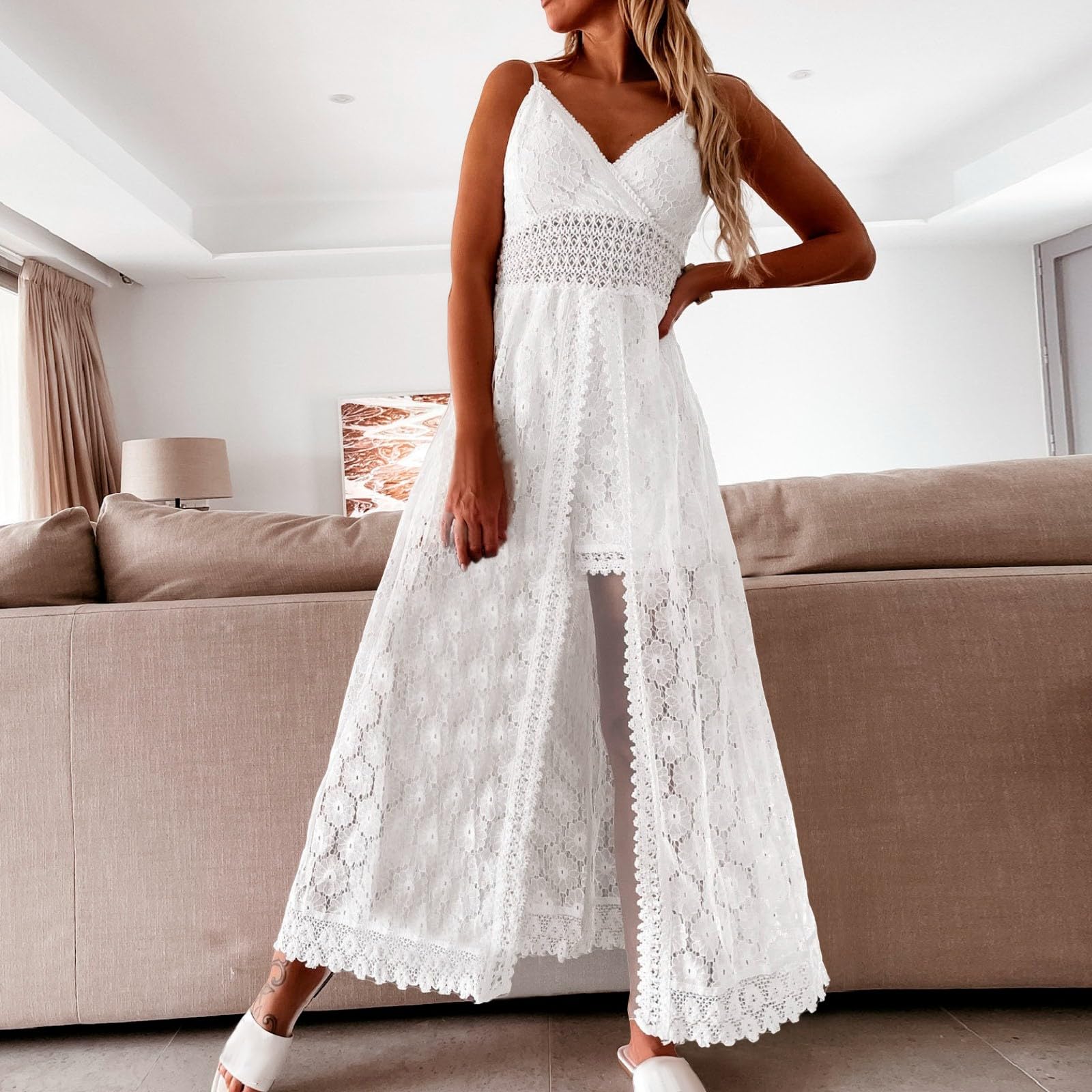 Robe longue d'été pour femme, col en V, sans manches, en dentelle