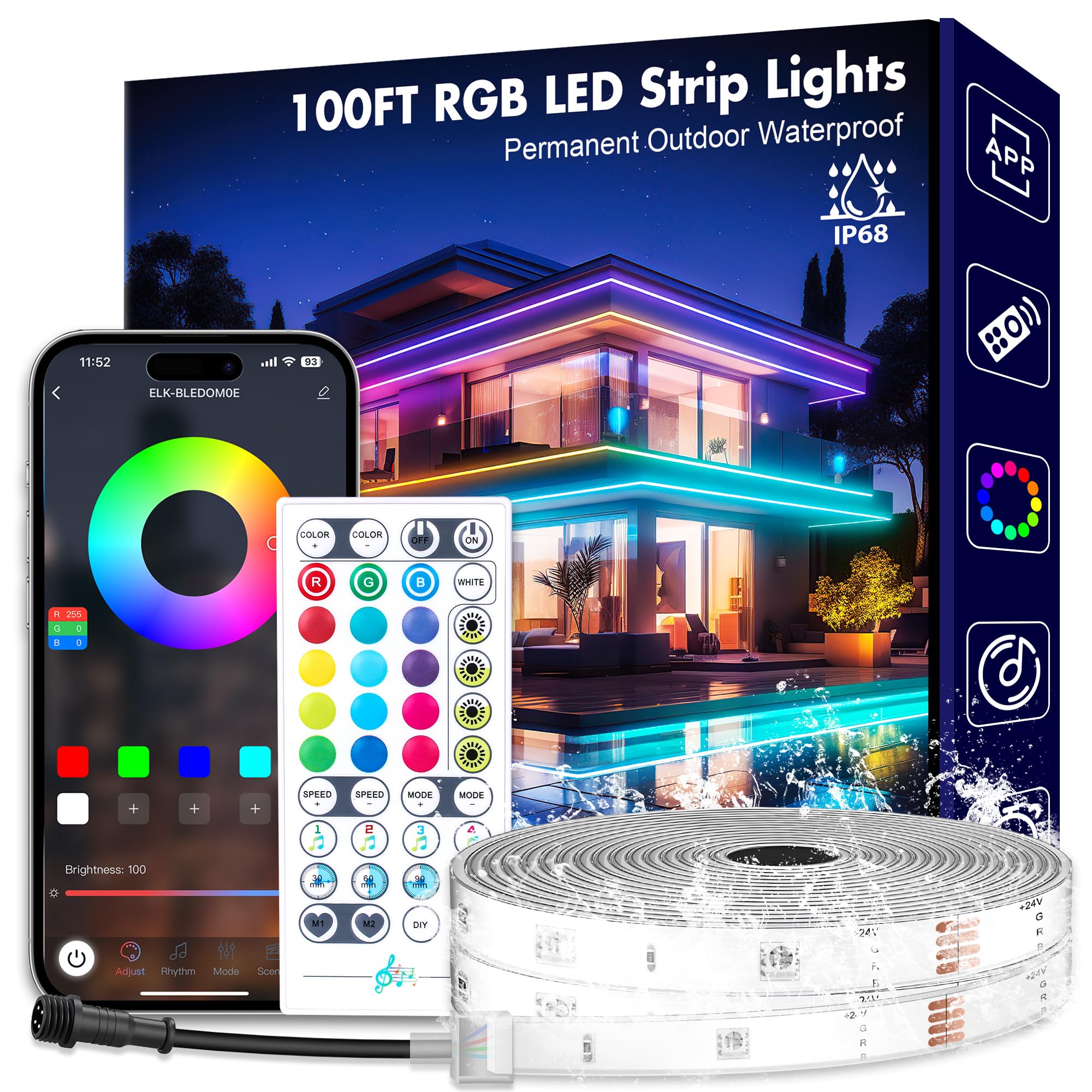 100ft Outdoor Led Strip Lights Waterproof Room Decor, PHLSTYLE 30m IP68 Permanent Outdoor Christmas Lights for House, Smart Color Changing Rope Lights with Bluetooth Controller Remote Sync to Music
