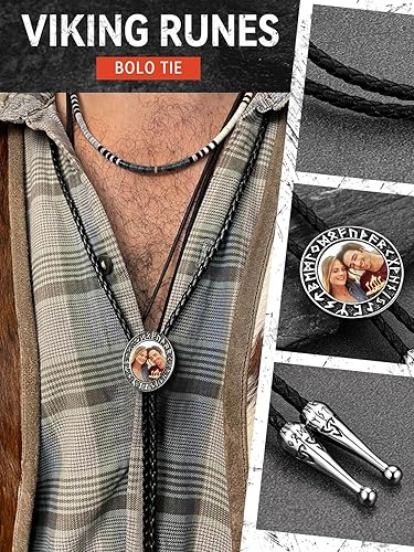 Miniatura 2 de FaithHeart Corbata de bolo nórdico vikingo para hombre, corbata de cuero negro con colgante de acero inoxidable, corbata de vaquero occidental, caja