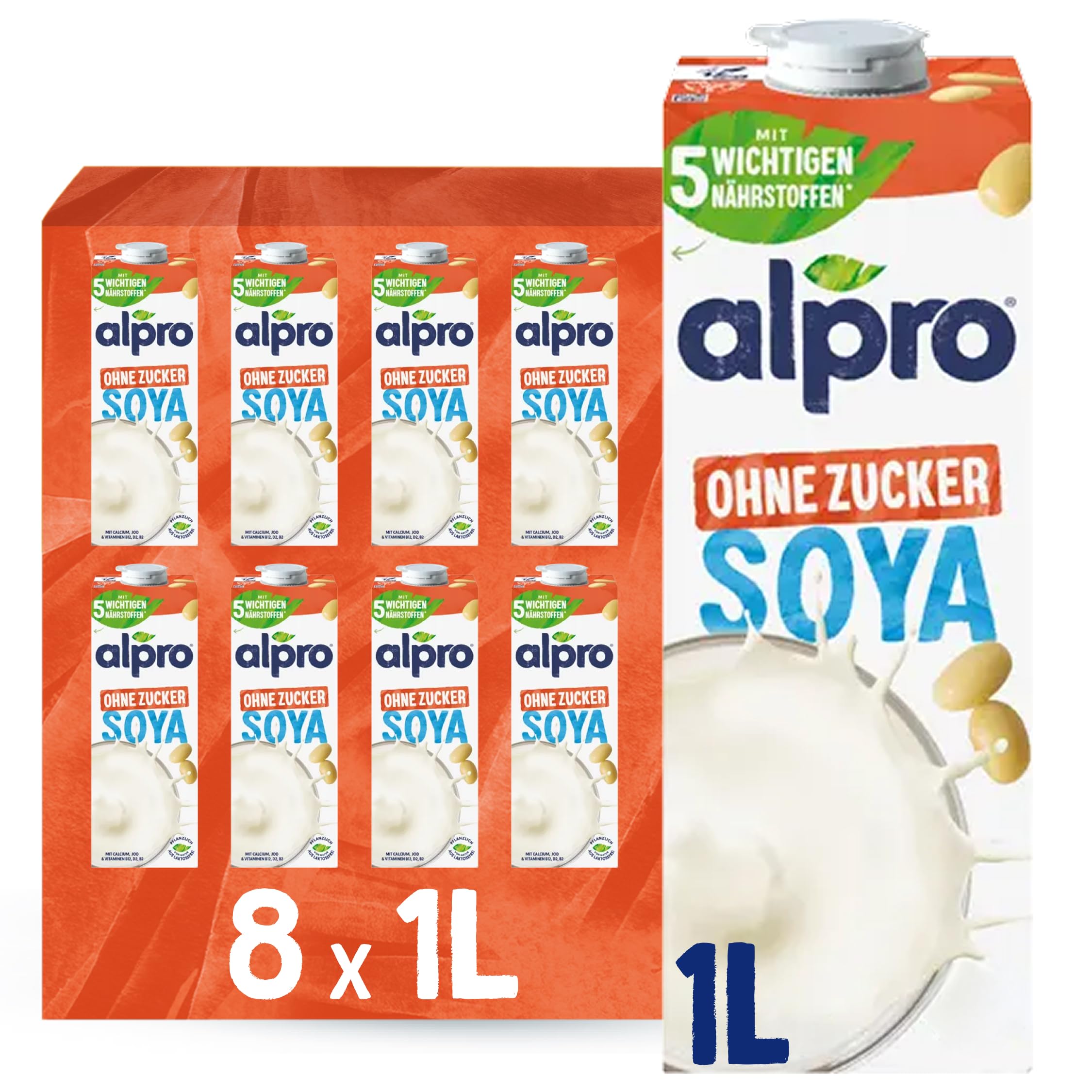 Alpro Haferdrink ohne Zucker – Milchalternative auf Haferbasis – Vegan und laktosefrei – Reich an Ballaststoffen, Calcium und Vitaminen – 8 x 1 L