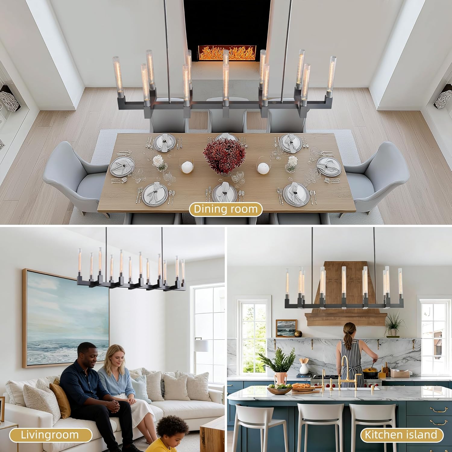 Pre-Assembled 67" Black Rectangular Island Chandelier with 12 Warm Bulbs Included, Modern Industrial 12-Light Fixture, Adjustable Rod for Kitchen Island & Dining Room