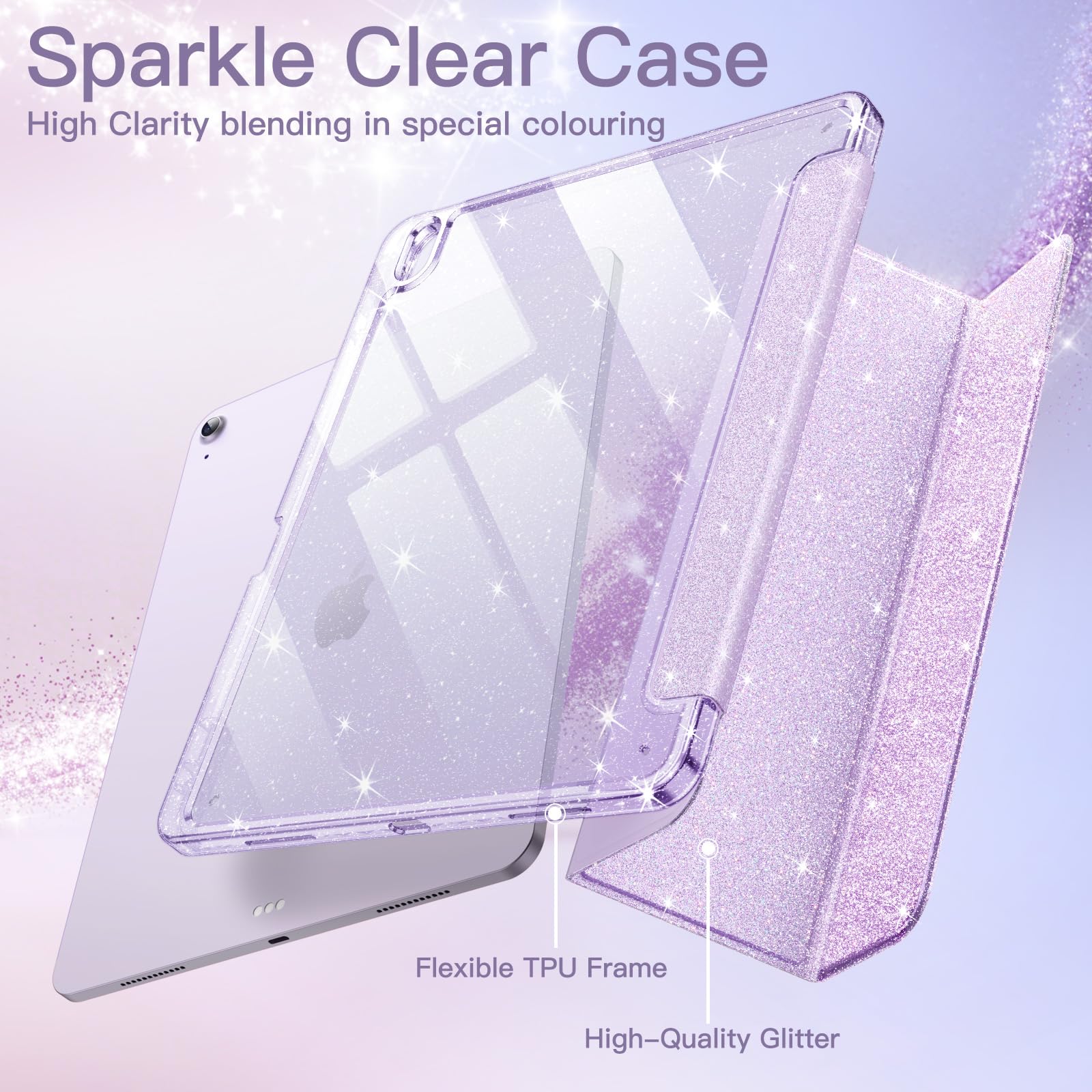 JETech Glitter Etui do iPad Air 11 Cala M4/M3/M2 (2026/2025/2024), iPad Air 5/4 (2022/2020 5./4.) z Pencil Uchwyt, Urocze Błyszczące Szczupły Osłona dla Dzieci i Dziewcząt (Fioletowy)