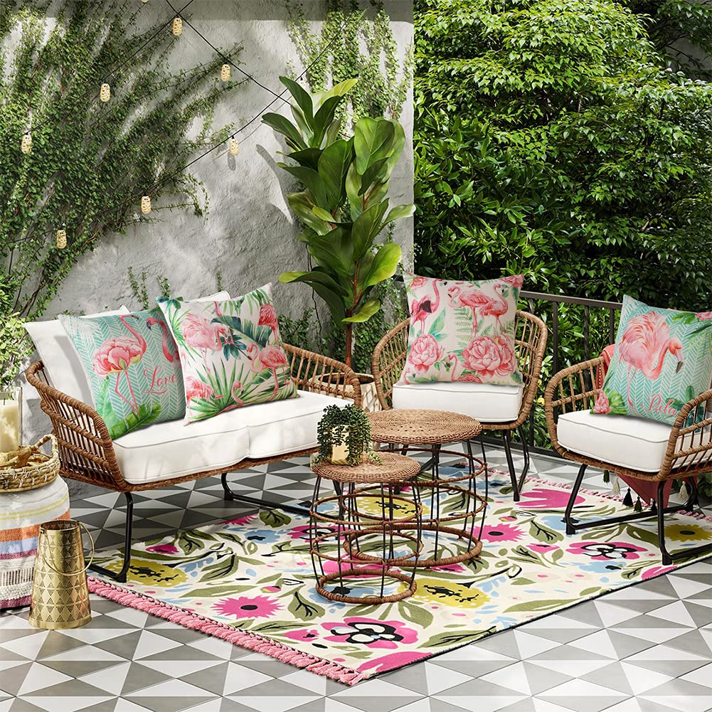 Artscope Imperméable Housse de Coussin, Lot de 4 Extérieur Flamant et Fleurs Roses Canapé Taie d'oreiller pour Patio Jardin Salon Chambre Décoration, 45x45cm