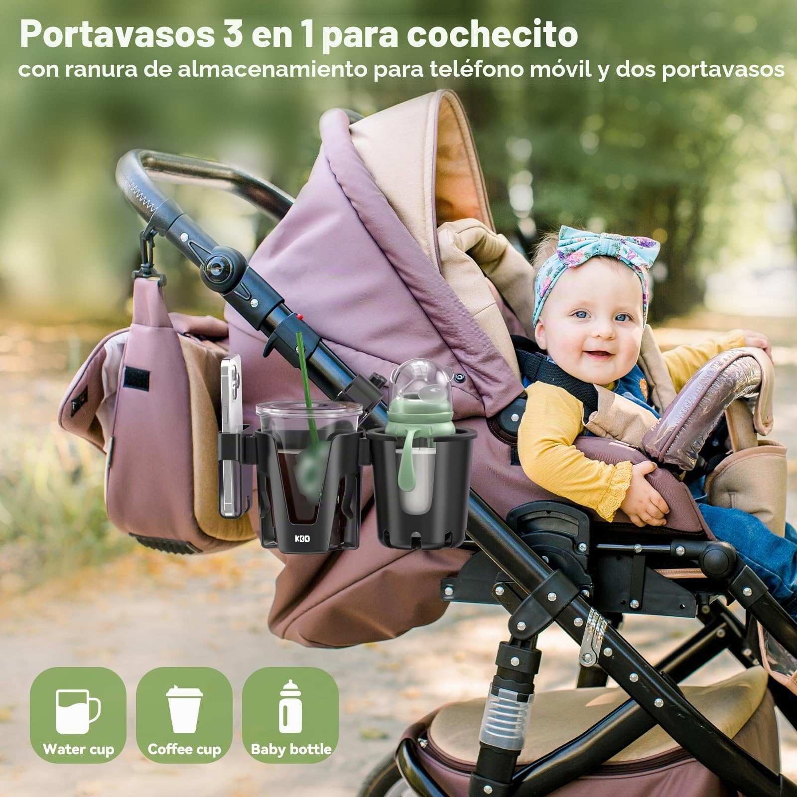 KDD Portavasos para Cochecito con Soporte Teléfono, 3 en 1 Portavasos Carito Bebe Extraíble, Portabotellas para Silla Rotación de 360 Grados Soporte para Vasos para Cochecito Bicicleta Andador Scooter