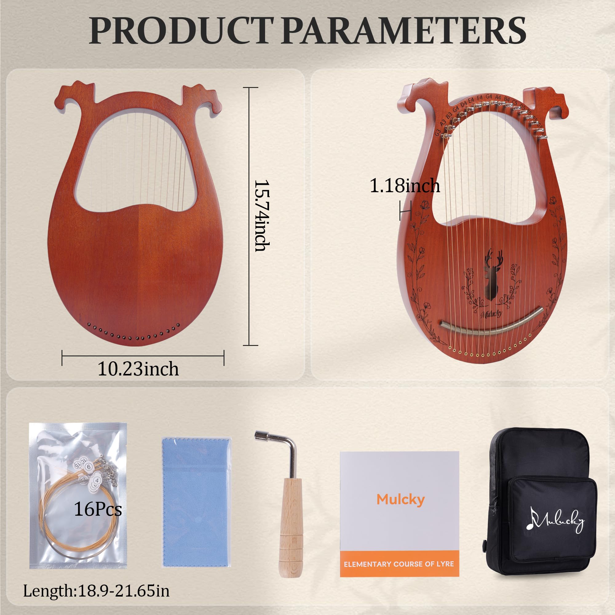 Mulucky Arpa a 16 corde in metallo, corpo in mogano, sella in rame, mini strumento musicale con chiave per accordatura e borsa per principianti