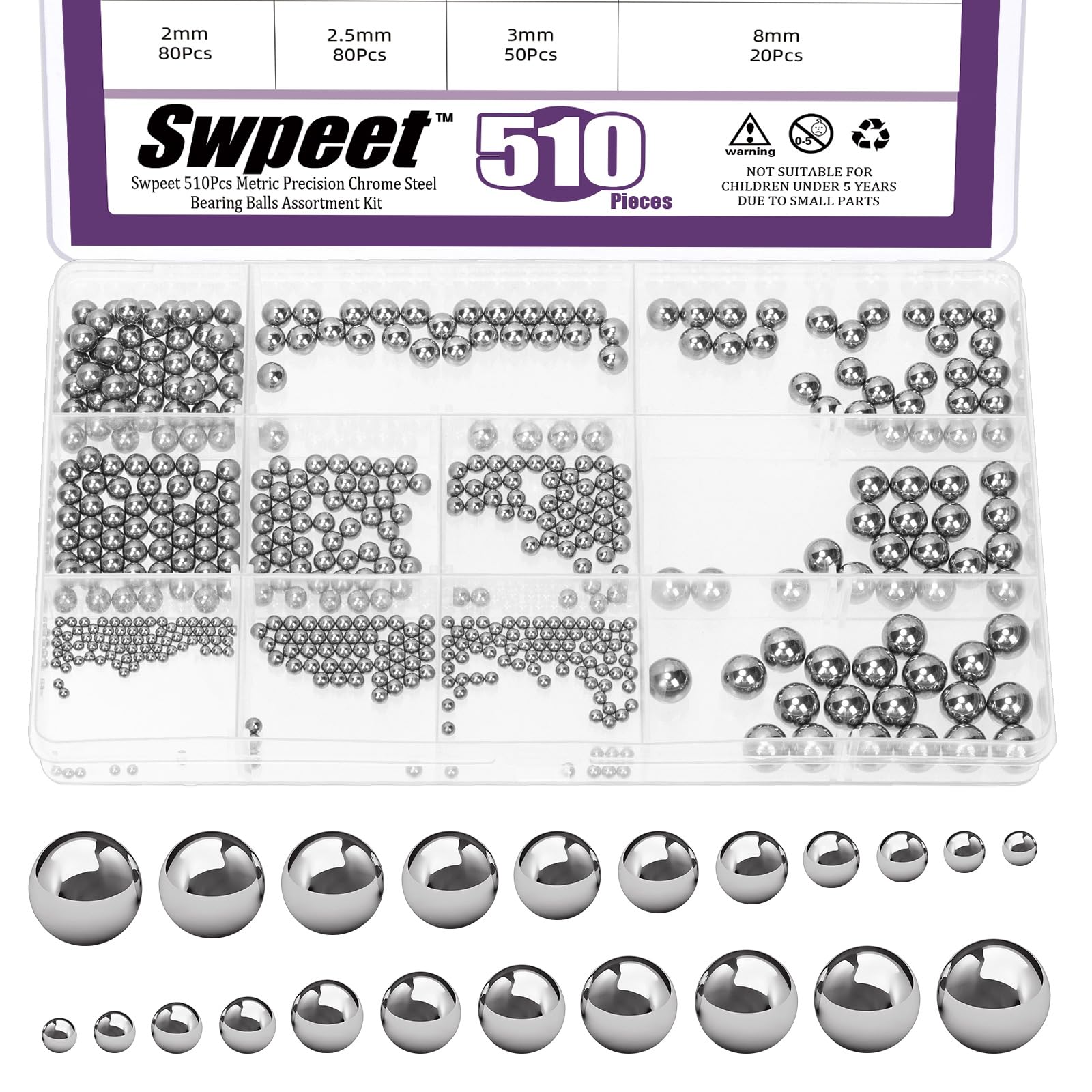 Swpeet 510Pcs 11 dimensioni 2-8mm Kit assortimento palle di cuscinetto in acciaio cromato di precisione metrica, palle di cuscinetto per biciclette, 2mm 2,5mm 3mm 3,5mm 4mm 4,5mm 5mm 5,5mm 6mm 7mm 8mm